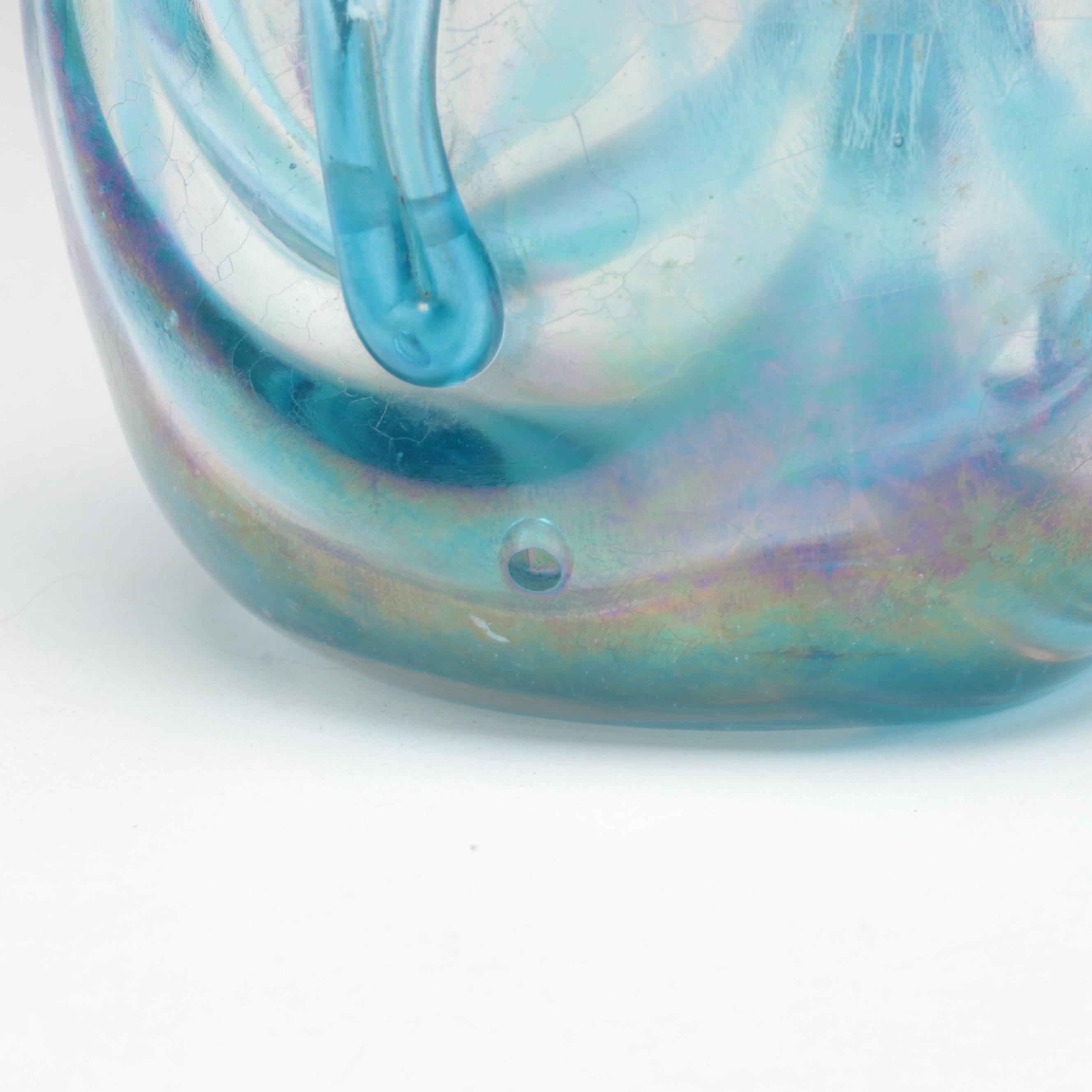 Dominick Labino Blown Blue Iridescent Feathered and Crackled Glass Vase, 1967