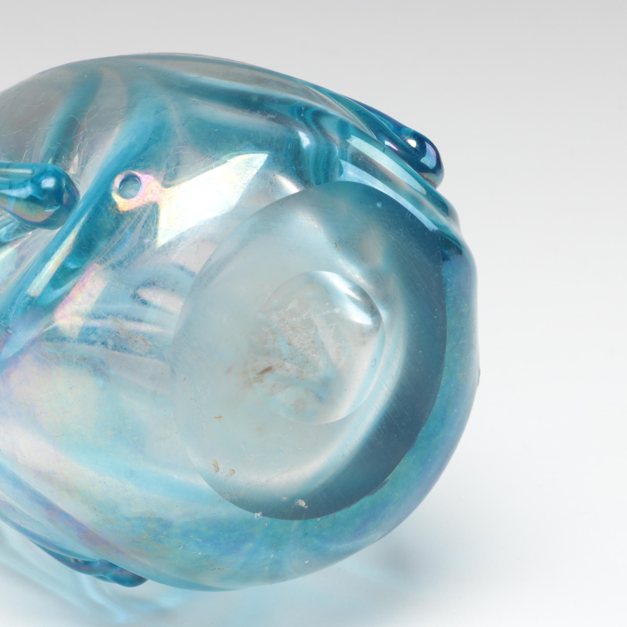 Dominick Labino Blown Blue Iridescent Feathered and Crackled Glass Vase, 1967