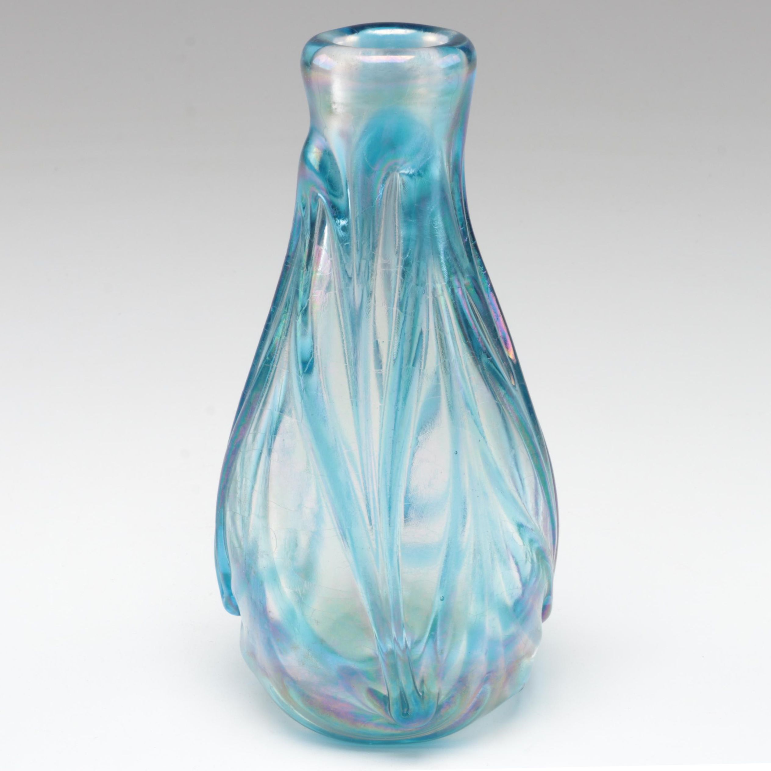 Dominick Labino Blown Blue Iridescent Feathered and Crackled Glass Vase, 1967