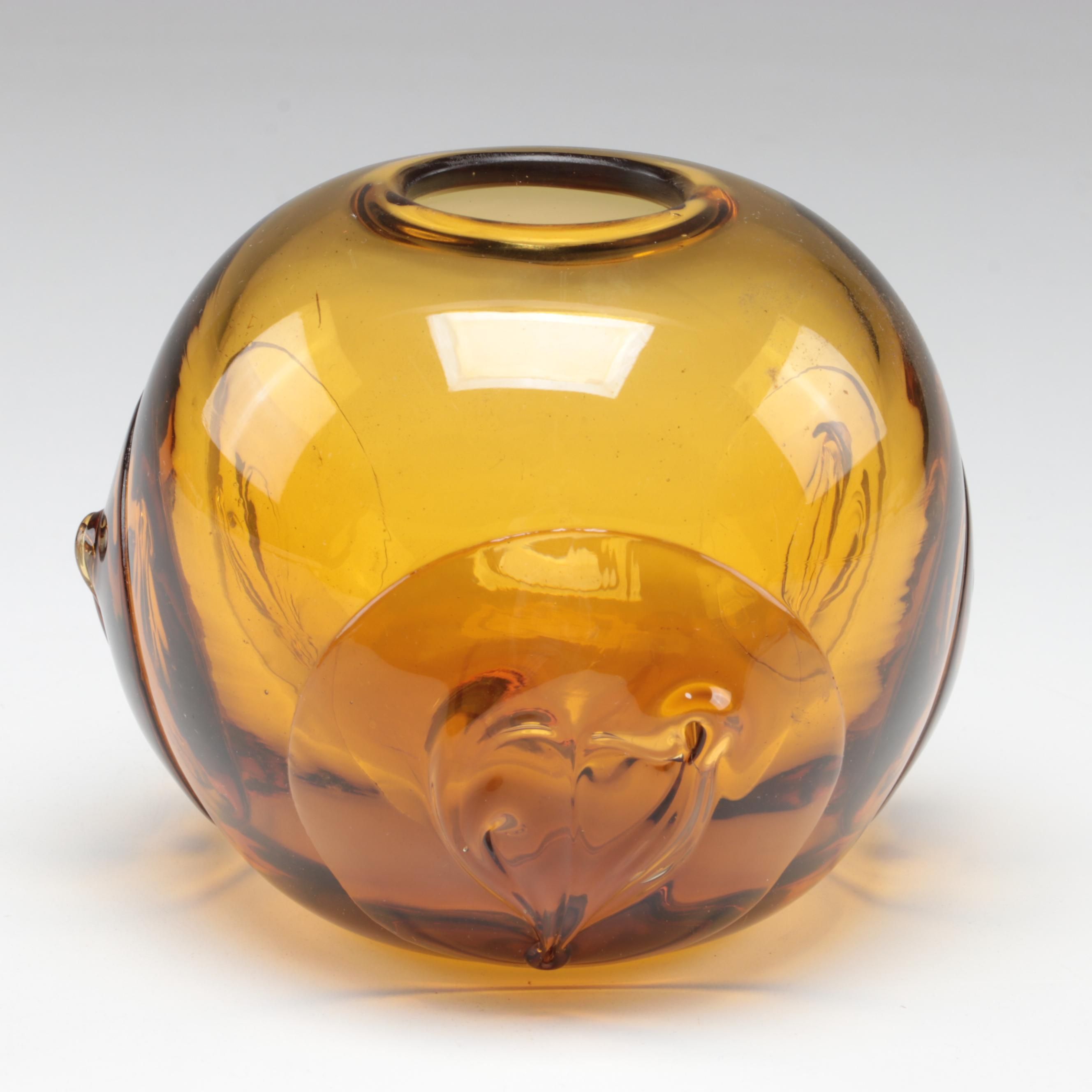 Dominick Labino Blown Amber with Applied Decoration Studio Art Glass Vase, 1977