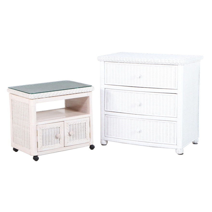 Painted Wicker Three-Drawer Chest and Media Cabinet with Swivel-Top