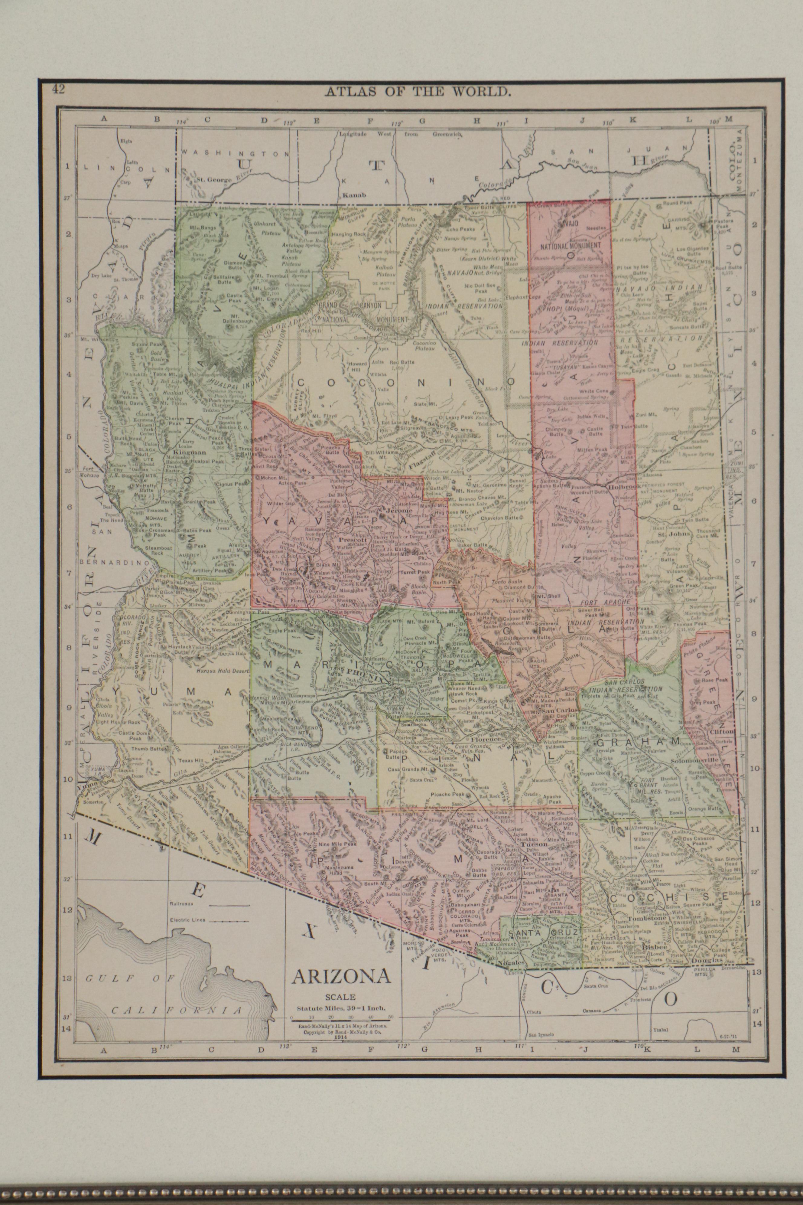 Rand McNally & Co. Wax Engraving Map of Arizona, Circa 1914