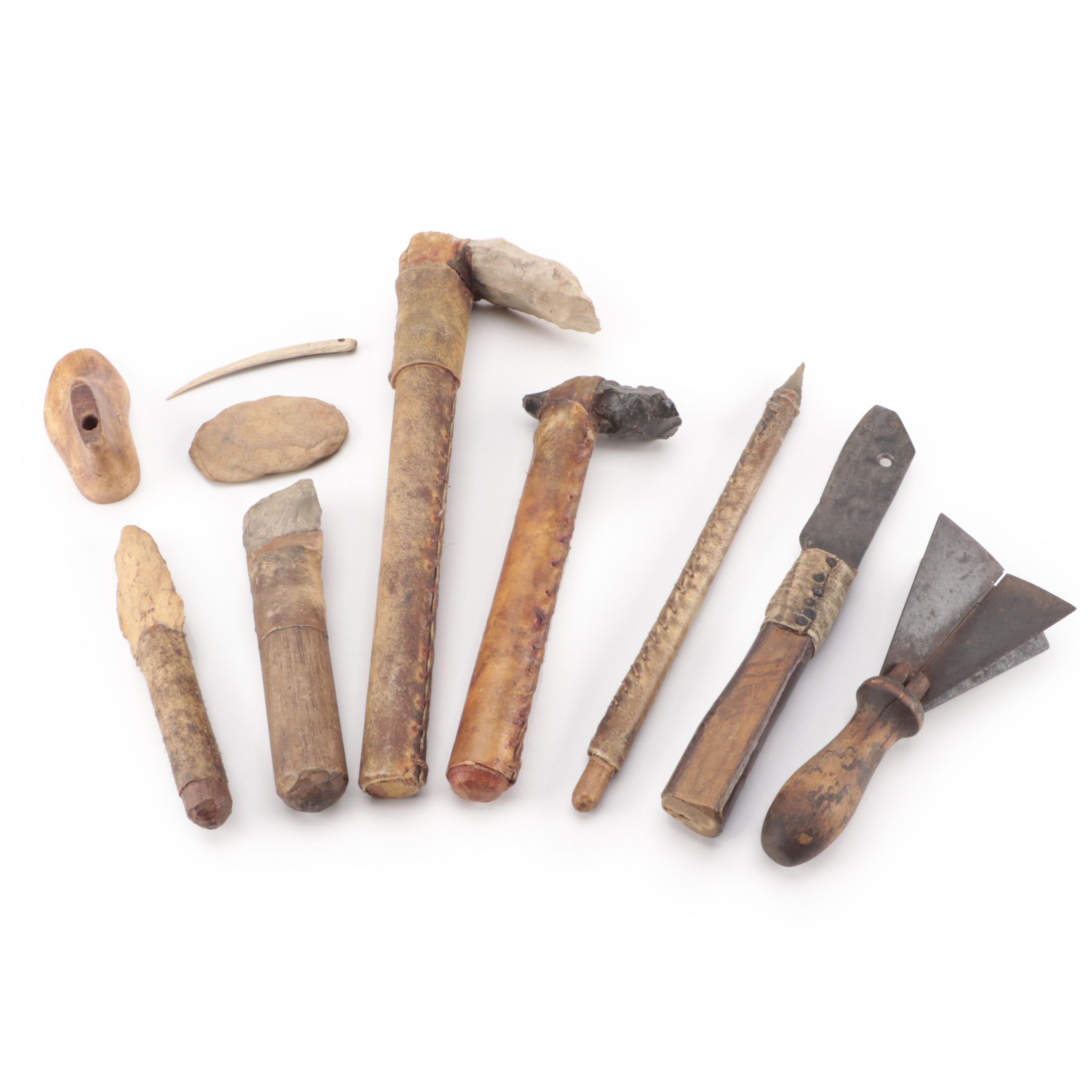 Hide Wrapped Wood Handled Stone Adzes, Drill, Scraper, With Bone Awl and More