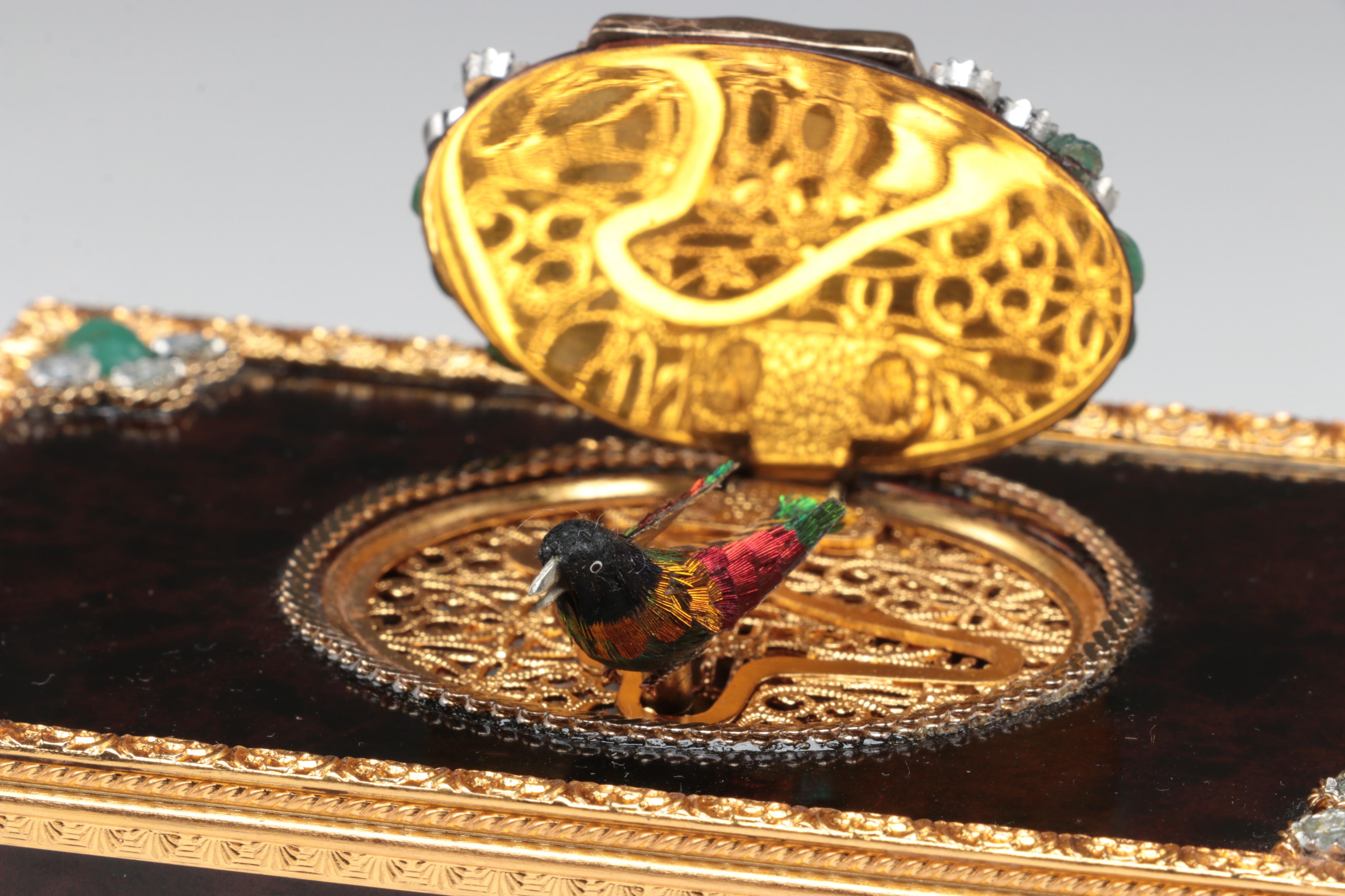 Reuge Automaton Singing Bird Music Box with 14K, Diamond, and Emerald Accents