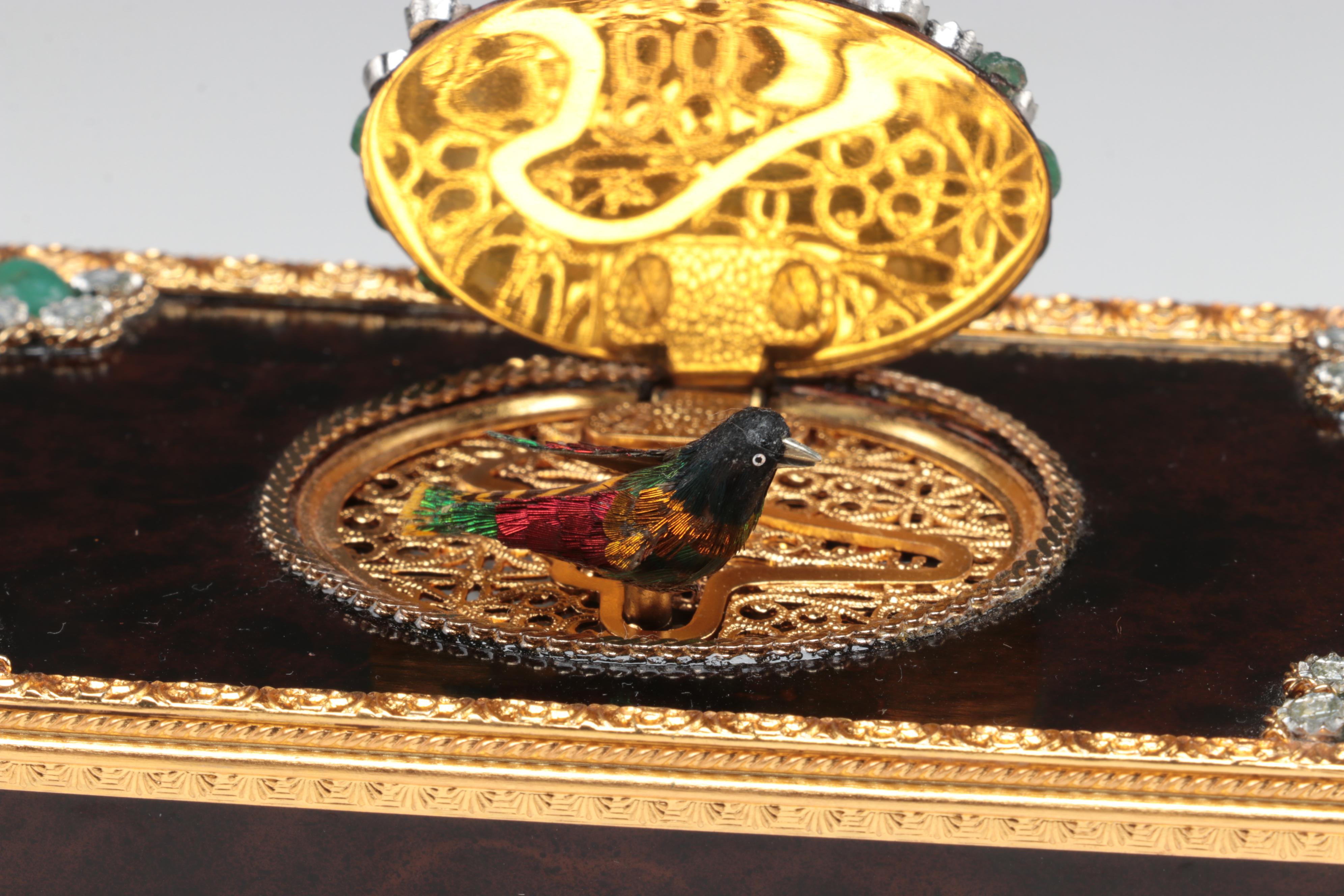 Reuge Automaton Singing Bird Music Box with 14K, Diamond, and Emerald Accents