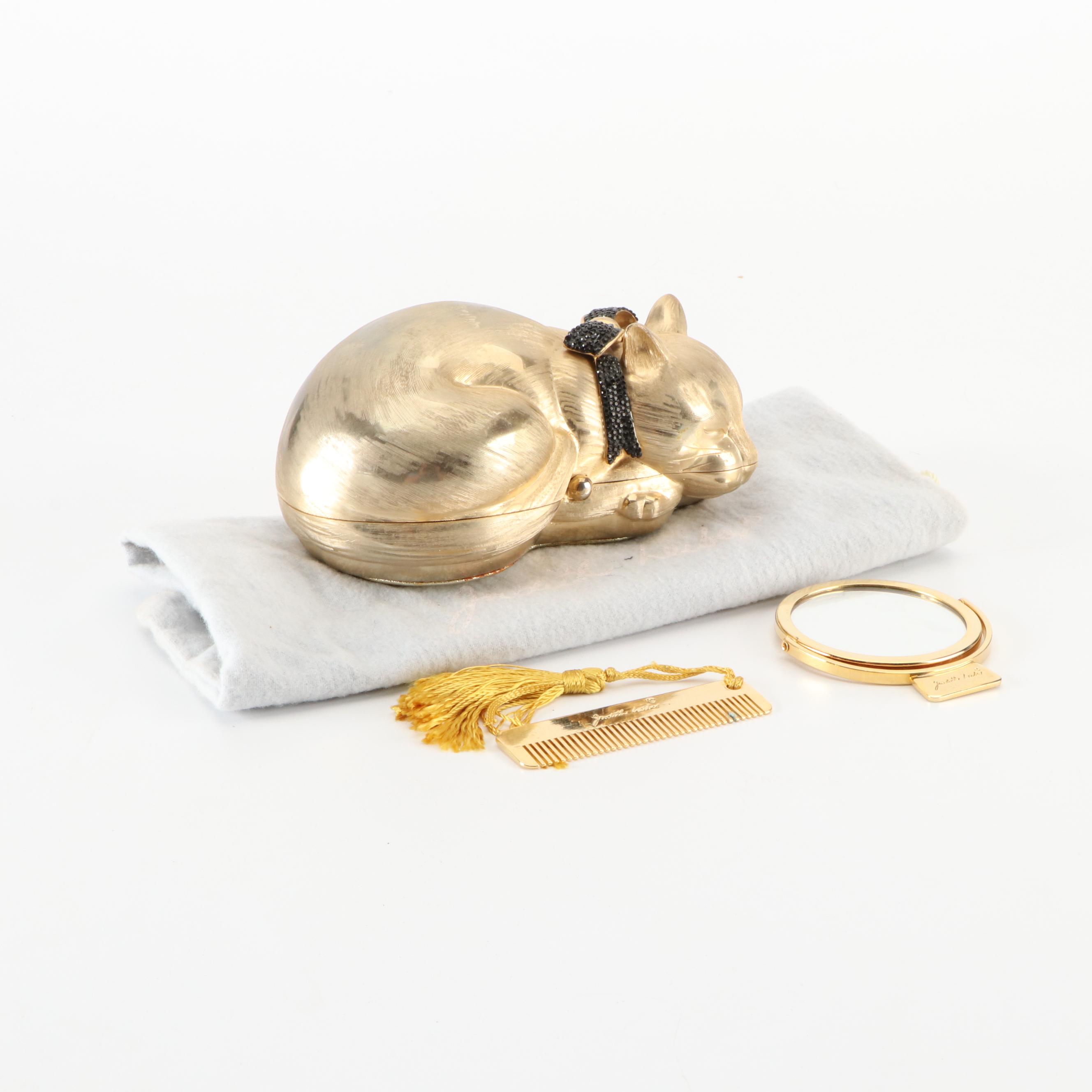 Judith Leiber Brushed Gold Tone Sleeping Cat with Crystal Bow and Accessories