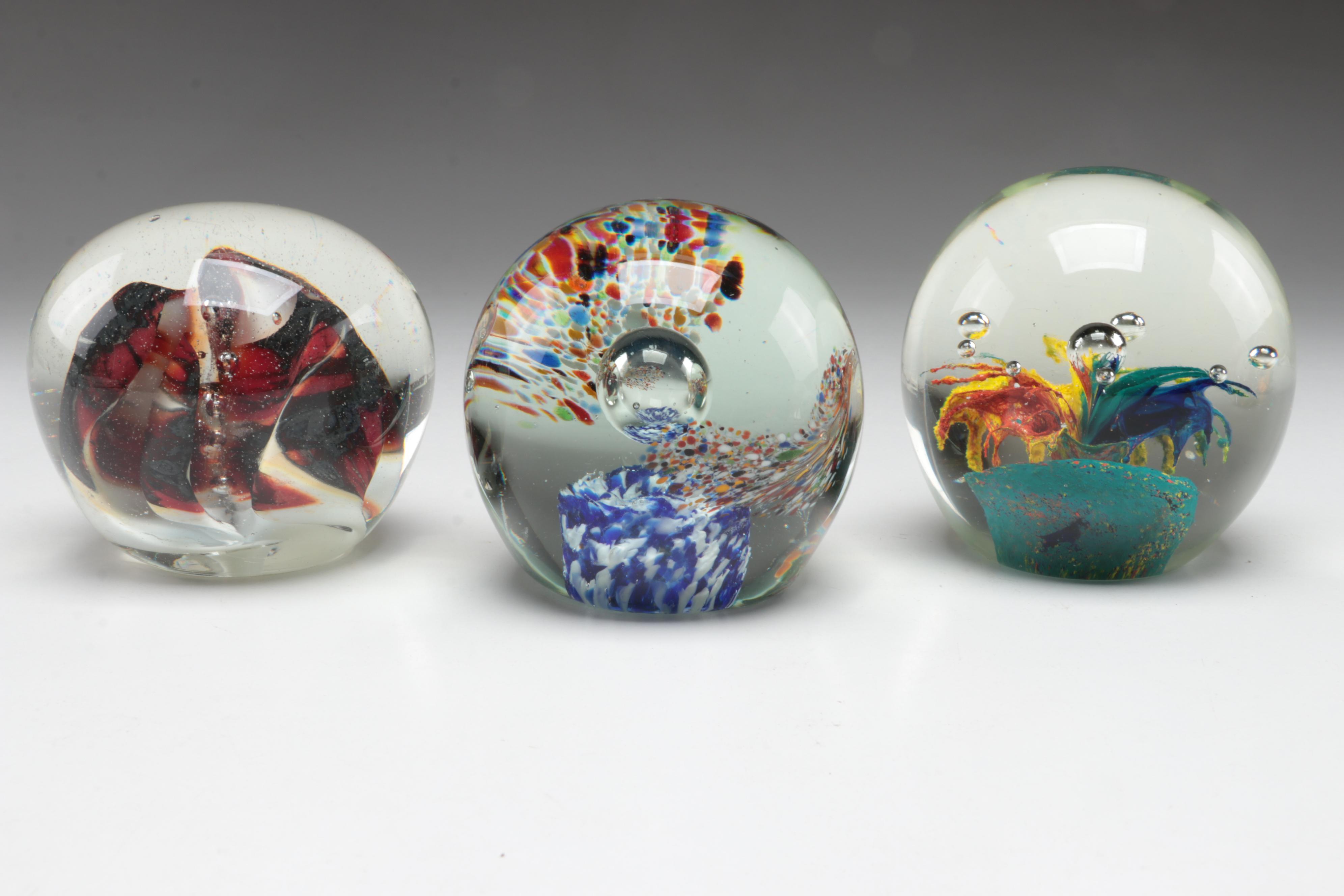 Joe Rice with Other Glass Trapped Bubble and Floral Paperweights