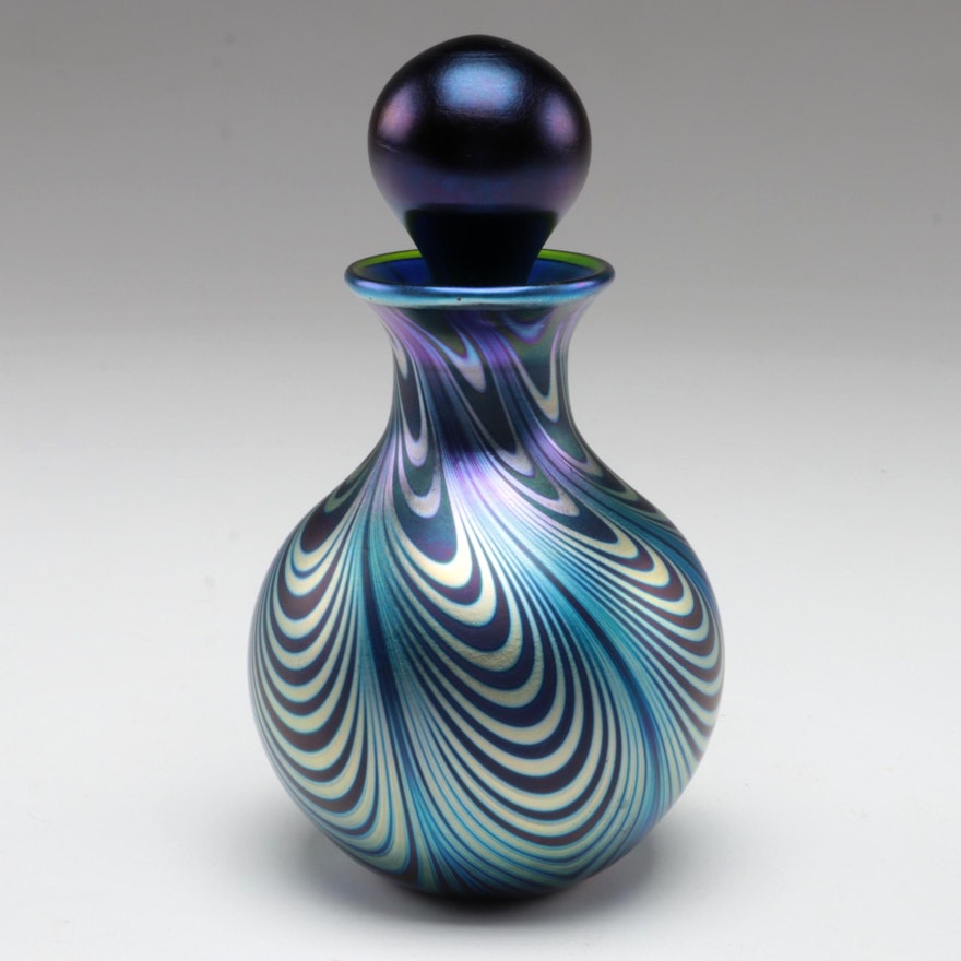 Charles Lotton Art Glass Iridescent Pulled Feather Perfume Bottle, 1979