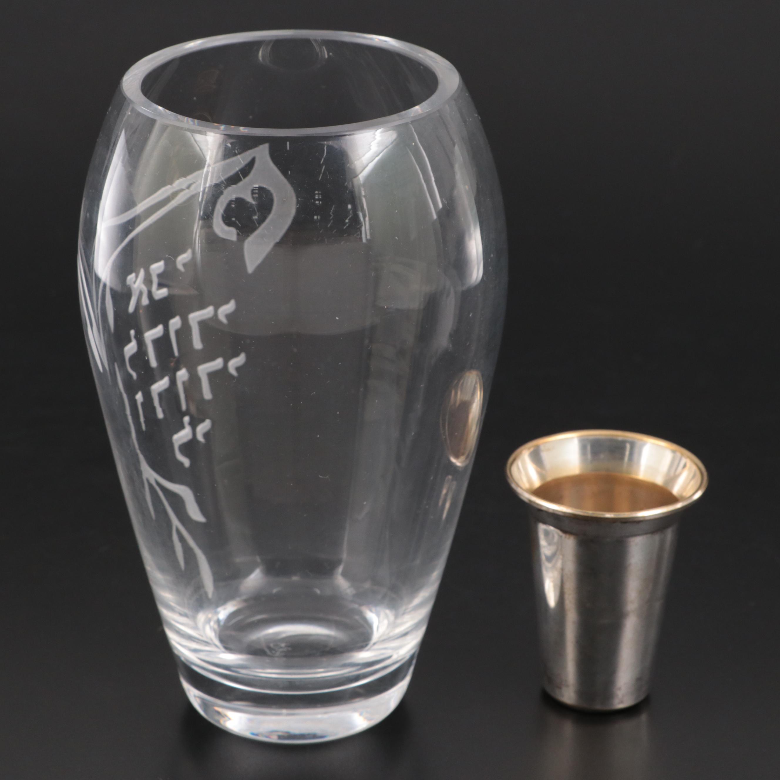 Hebrew Ceremonial Glass Vase and Silver Plate Blessing Cup