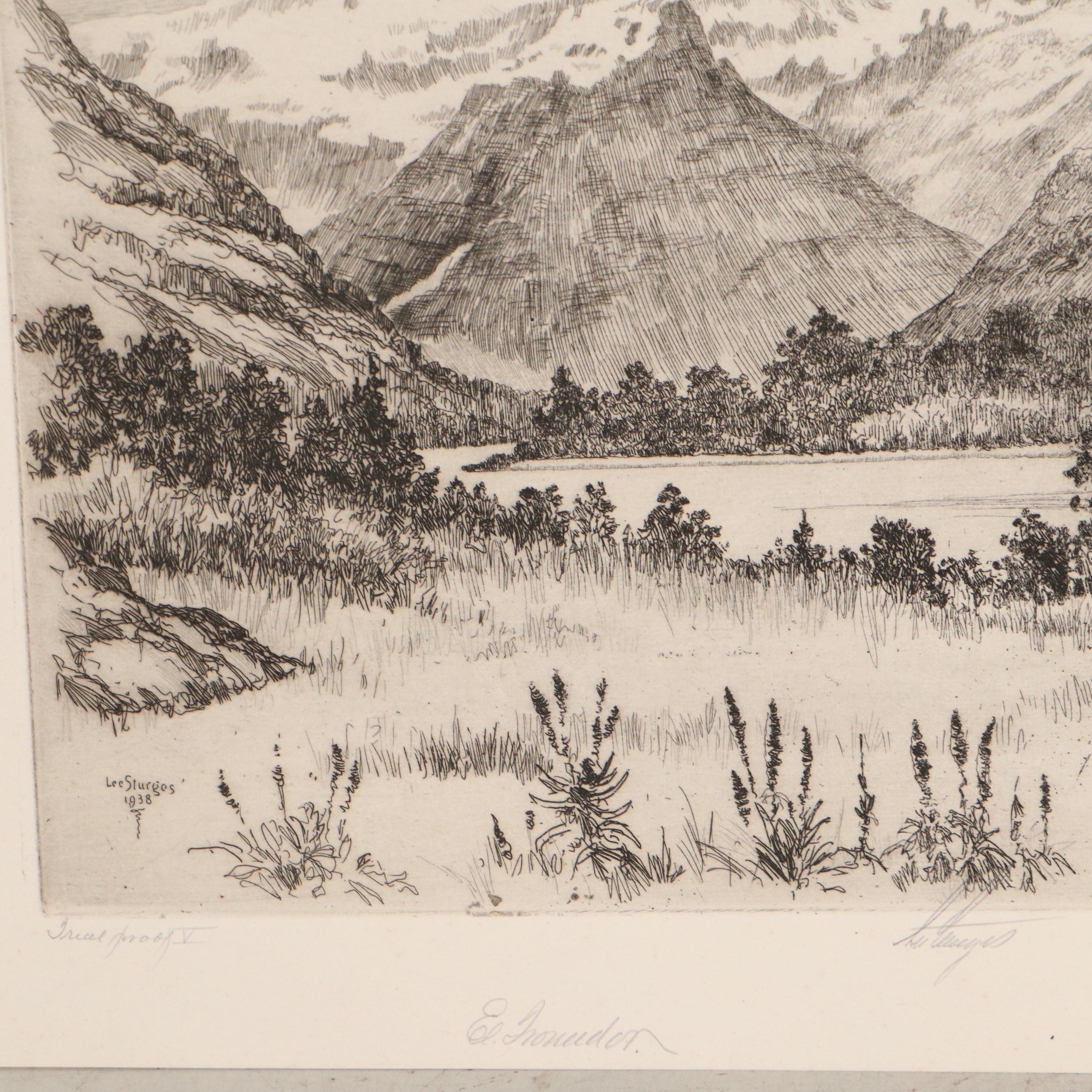 Lee Sturges Landscape Etchings Including "Avalanche Basin, Glacier Park," 1923