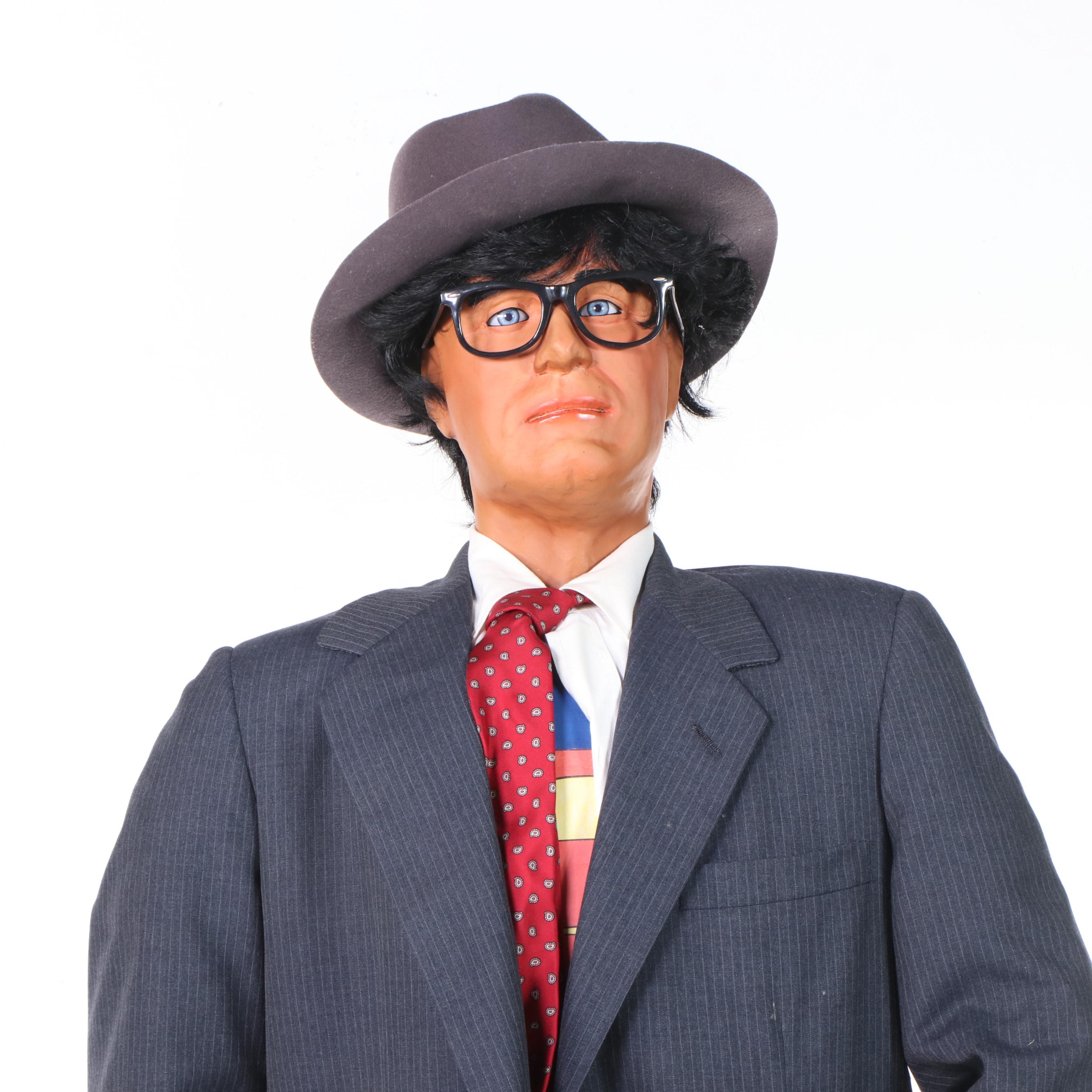 Clark Kent Mannequin in Pinstripe Suit, Tie, and Superman T-Shirt with Hat