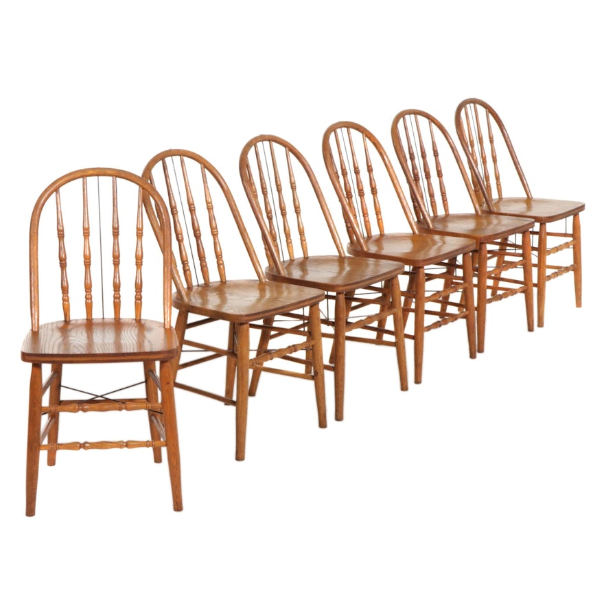 Six Bentwood Oak and Iron Rod Spindle-Back Dining Chairs