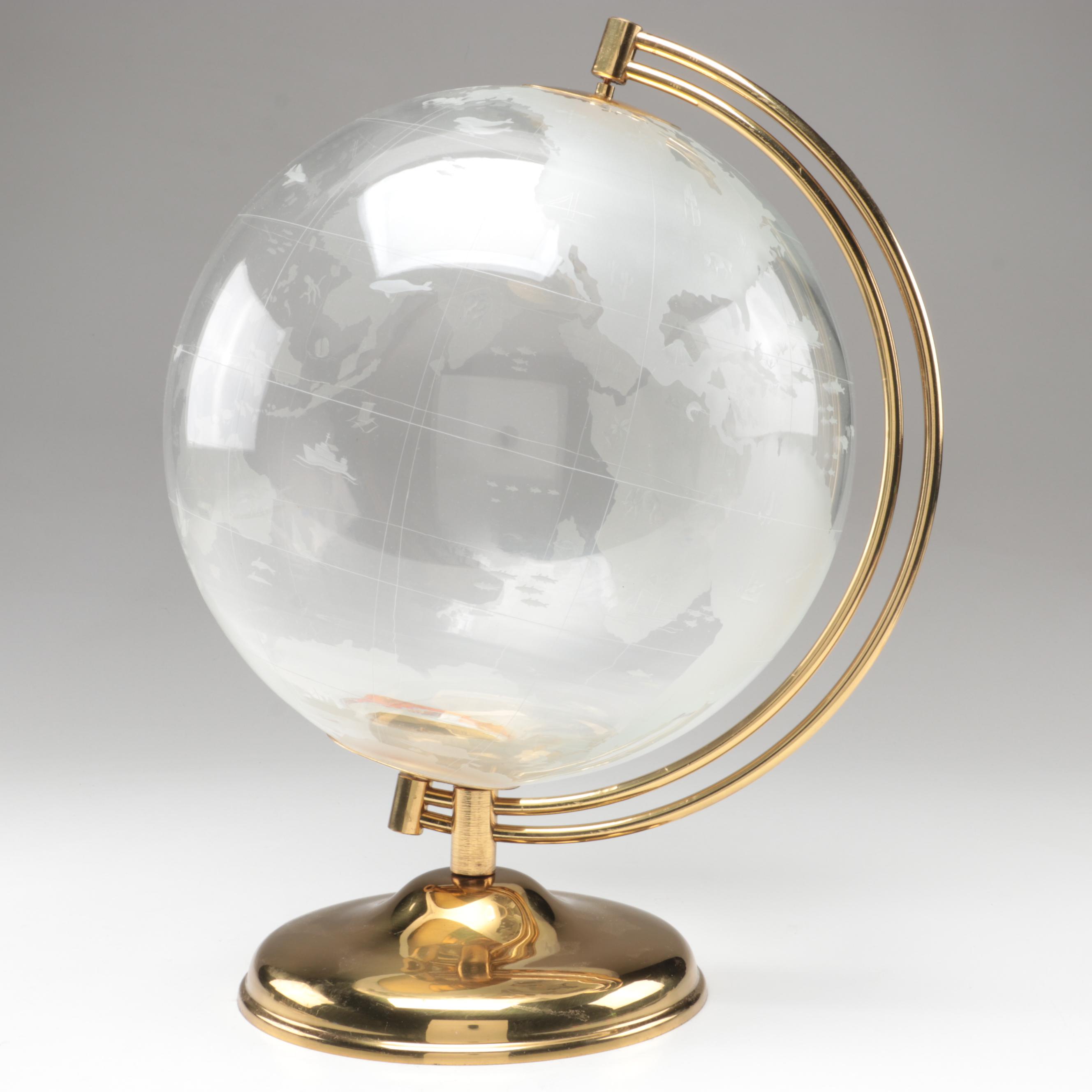 Etched and Engraved Glass Globe on Brass Stand