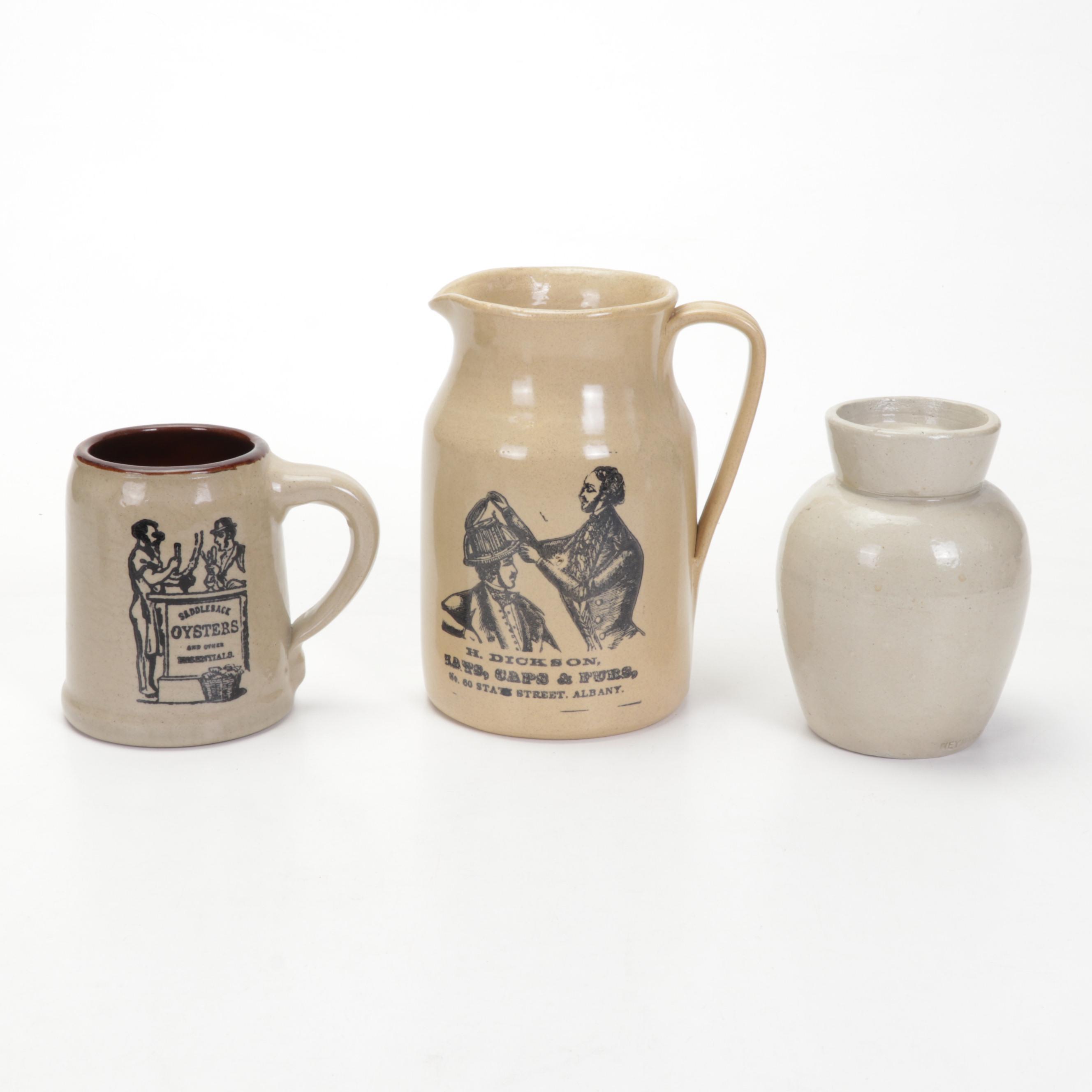 Advertisement and Other Salt Glazed Stoneware Crocks and Jugs