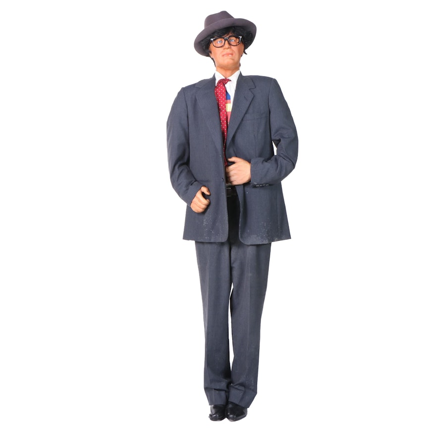 Clark Kent Mannequin in Pinstripe Suit, Tie, and Superman T-Shirt with Hat