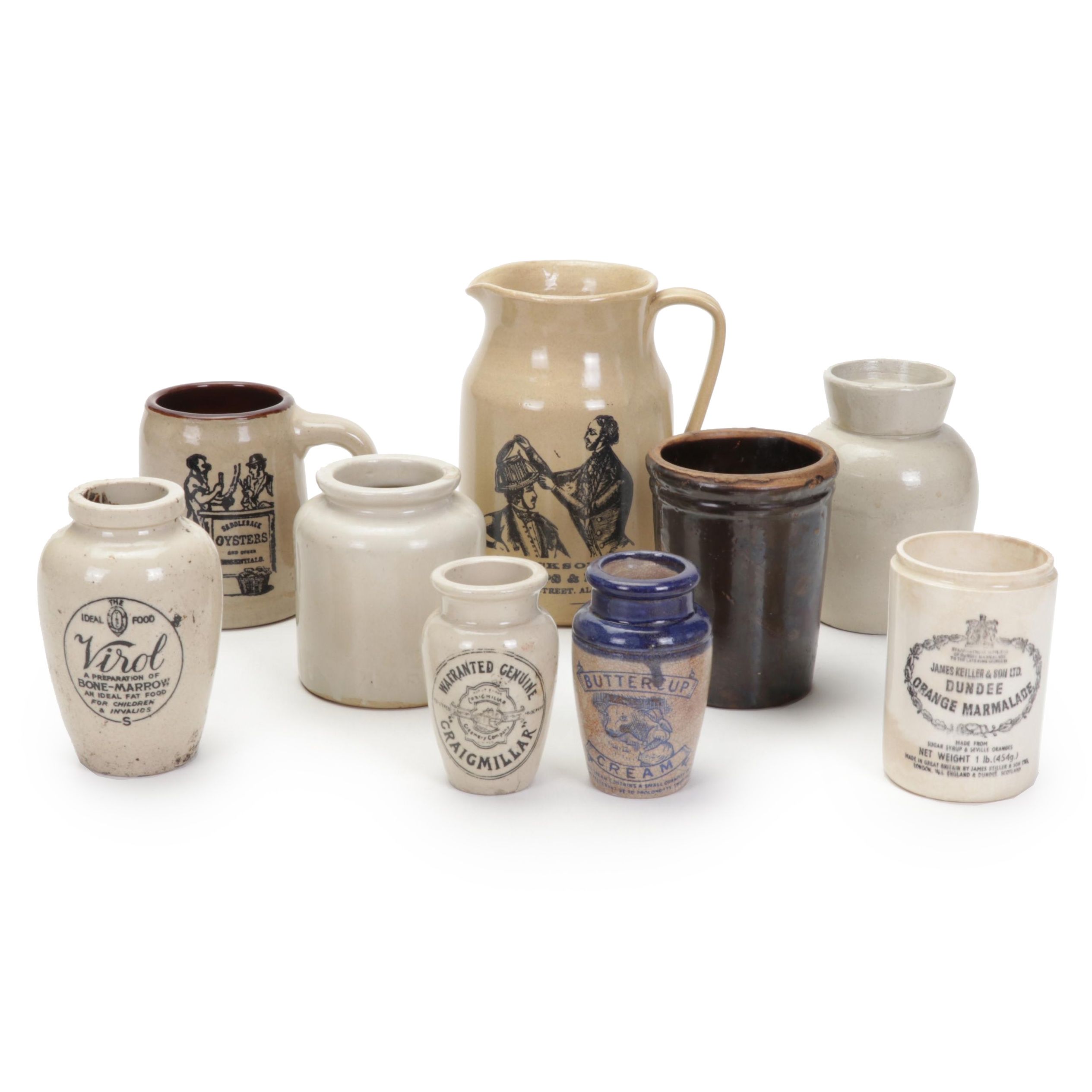 Advertisement and Other Salt Glazed Stoneware Crocks and Jugs