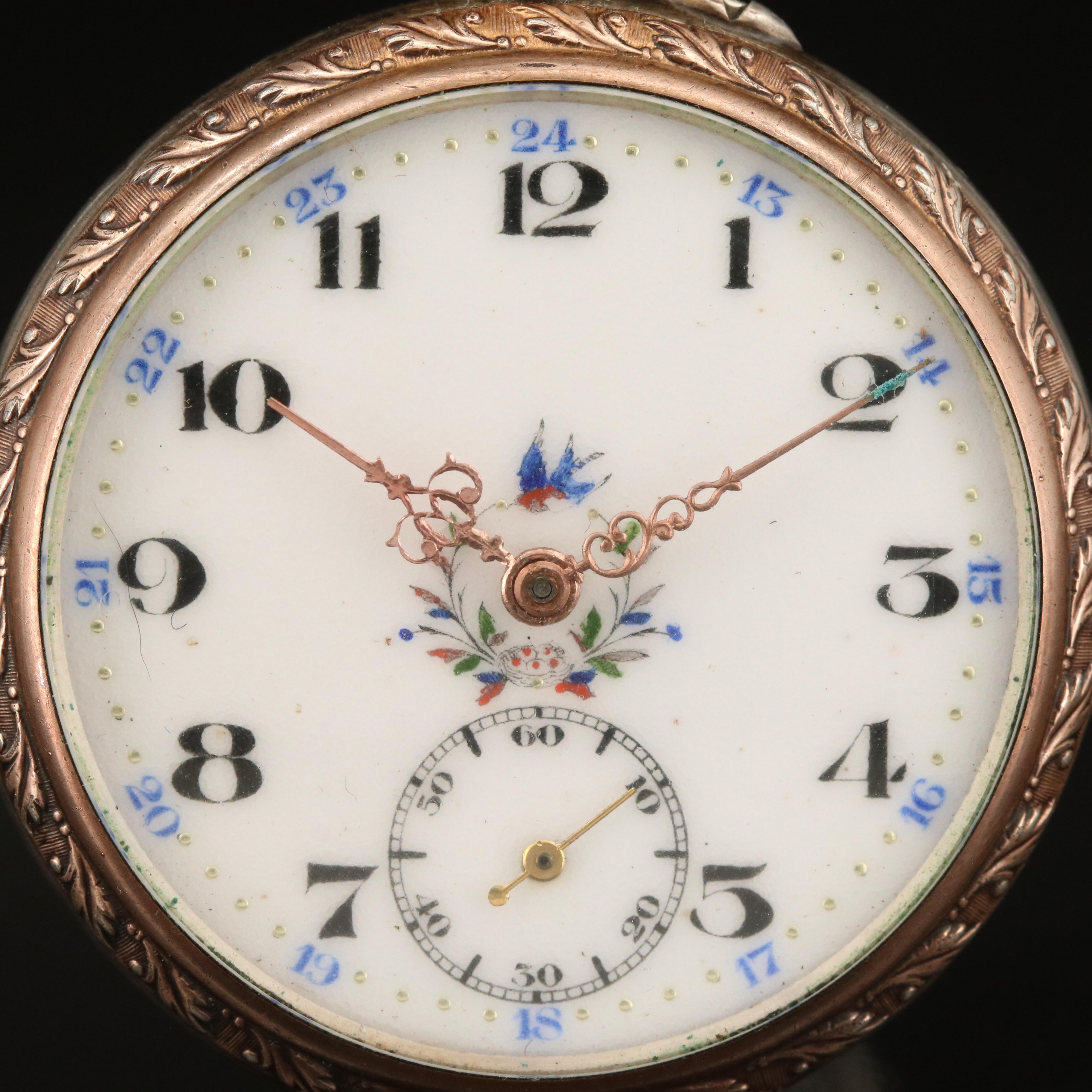 Silver Swiss Pocket Watch with Painted Dial