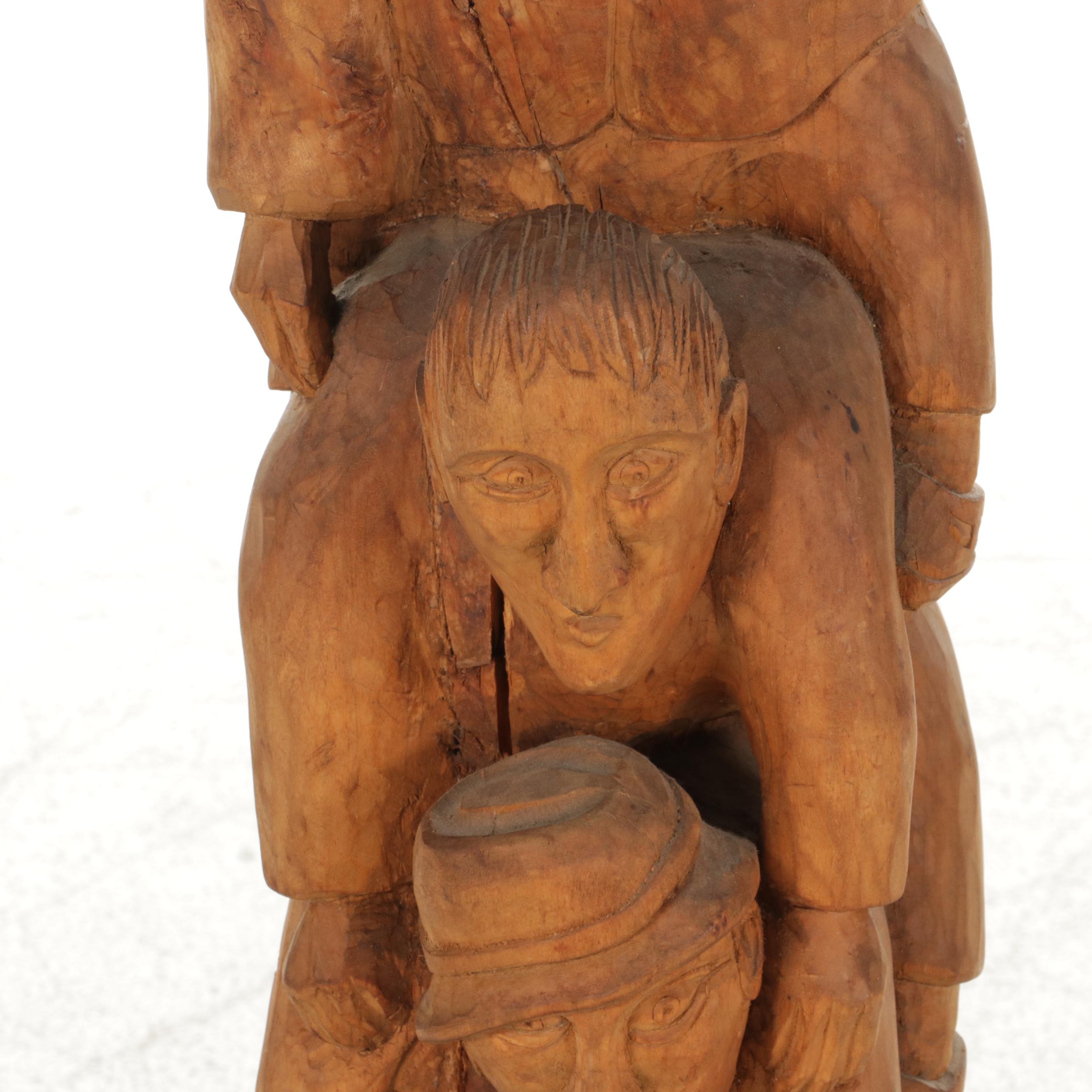Folk Art Carved Wood Sculpture of Stacked Figures, Mid-Late 20th Century