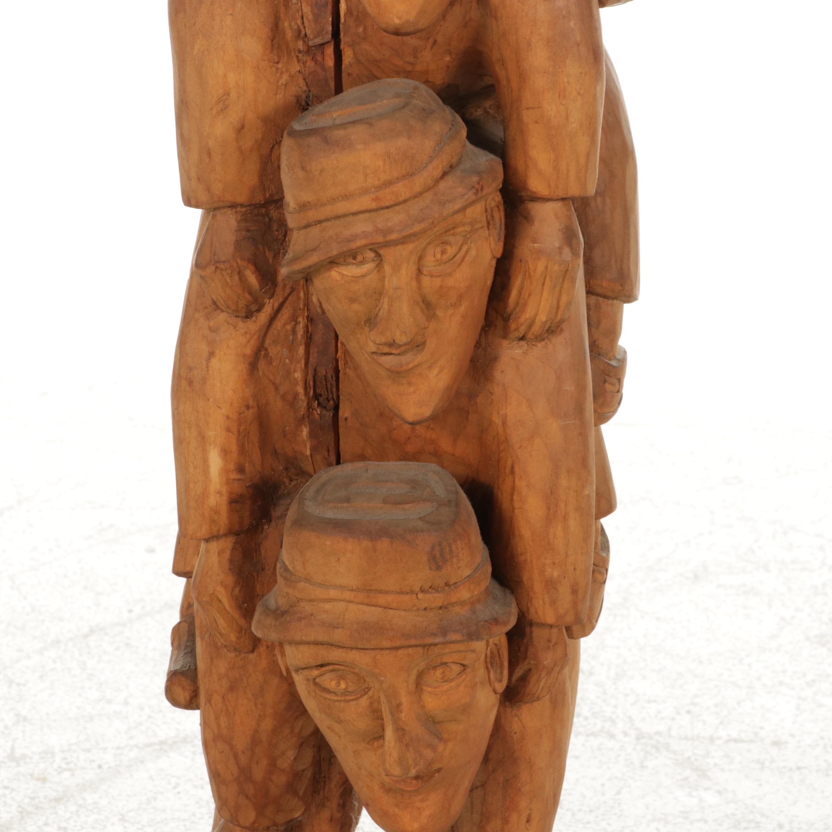 Folk Art Carved Wood Sculpture of Stacked Figures, Mid-Late 20th Century
