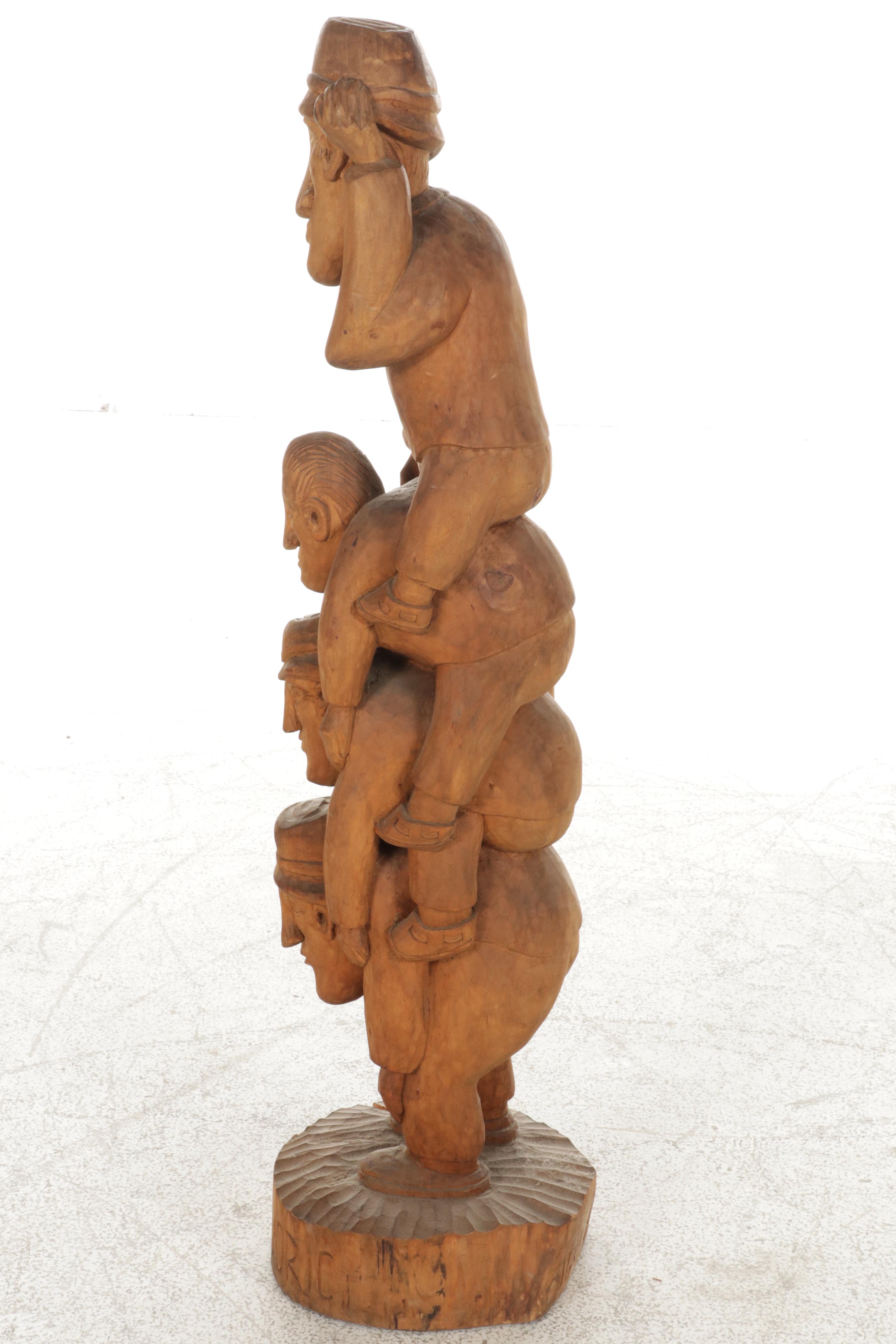 Folk Art Carved Wood Sculpture of Stacked Figures, Mid-Late 20th Century