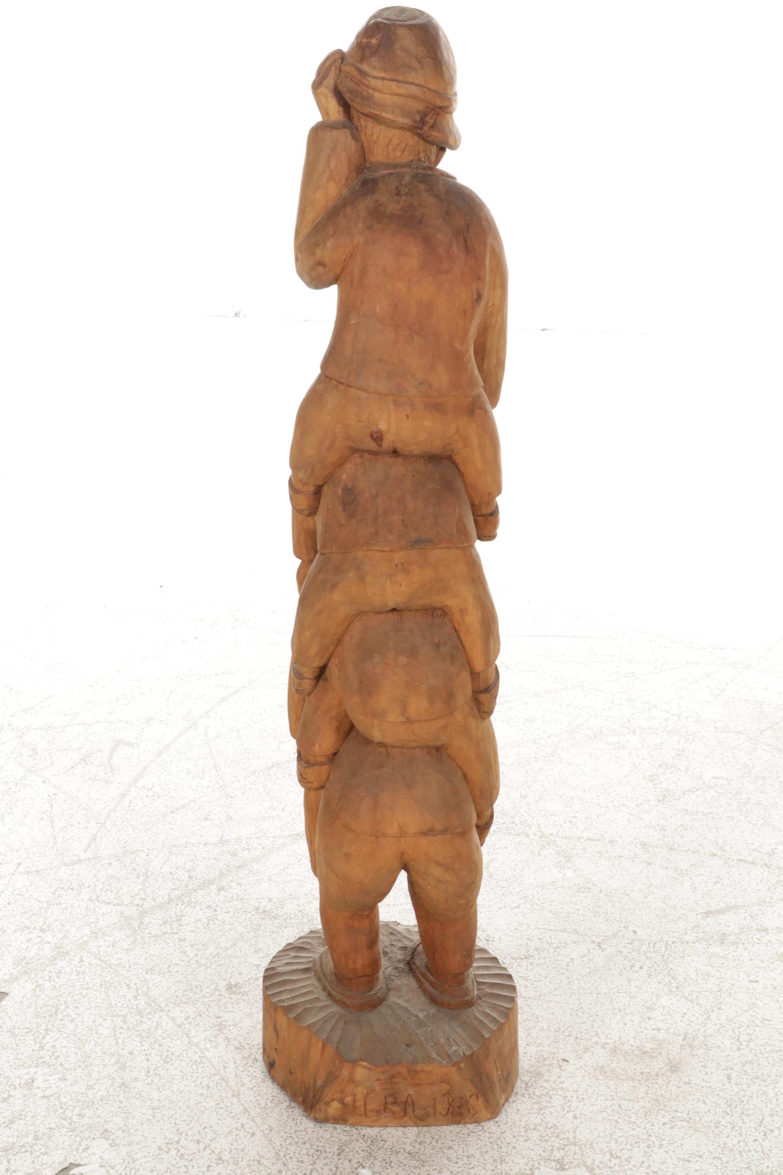 Folk Art Carved Wood Sculpture of Stacked Figures, Mid-Late 20th Century