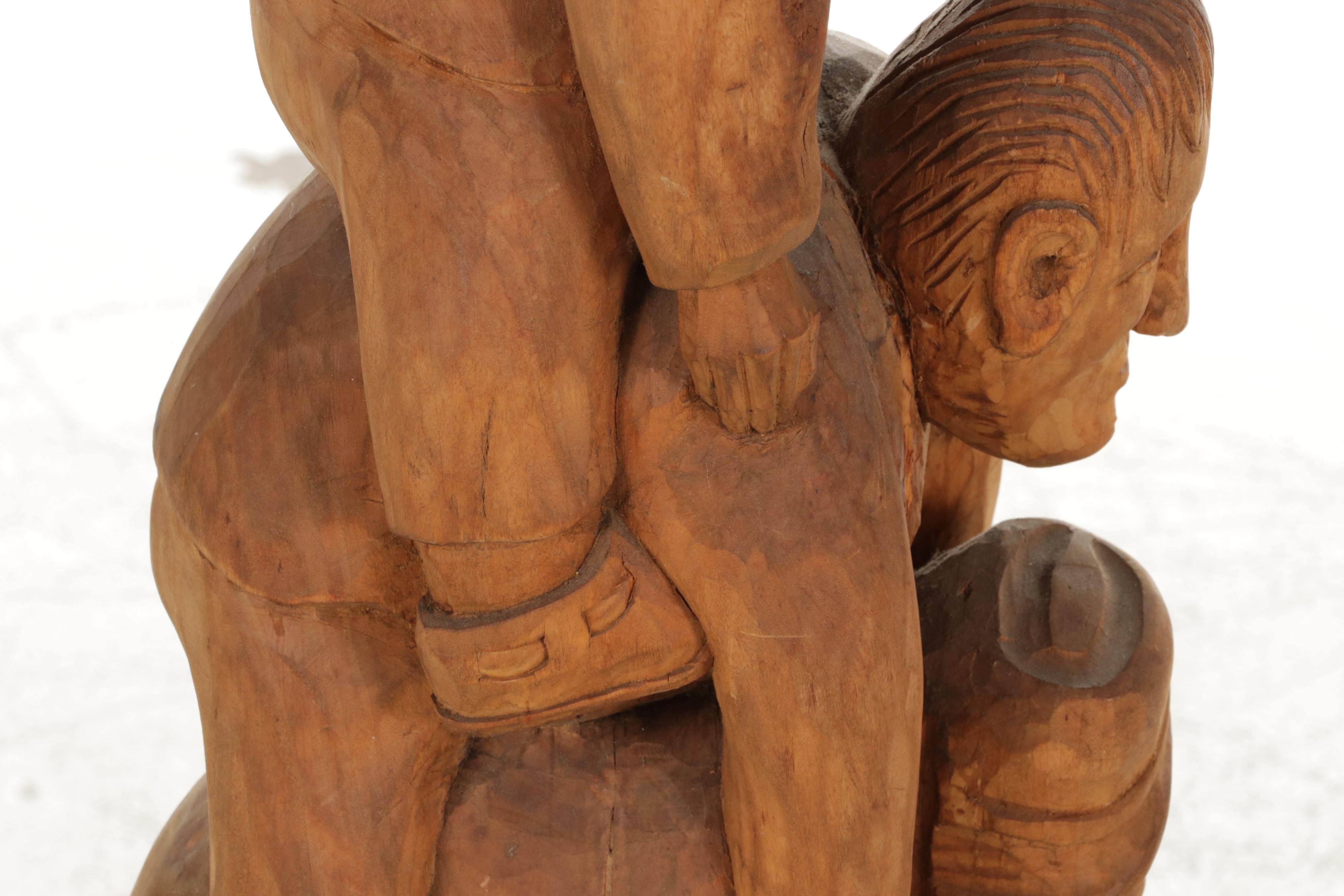 Folk Art Carved Wood Sculpture of Stacked Figures, Mid-Late 20th Century