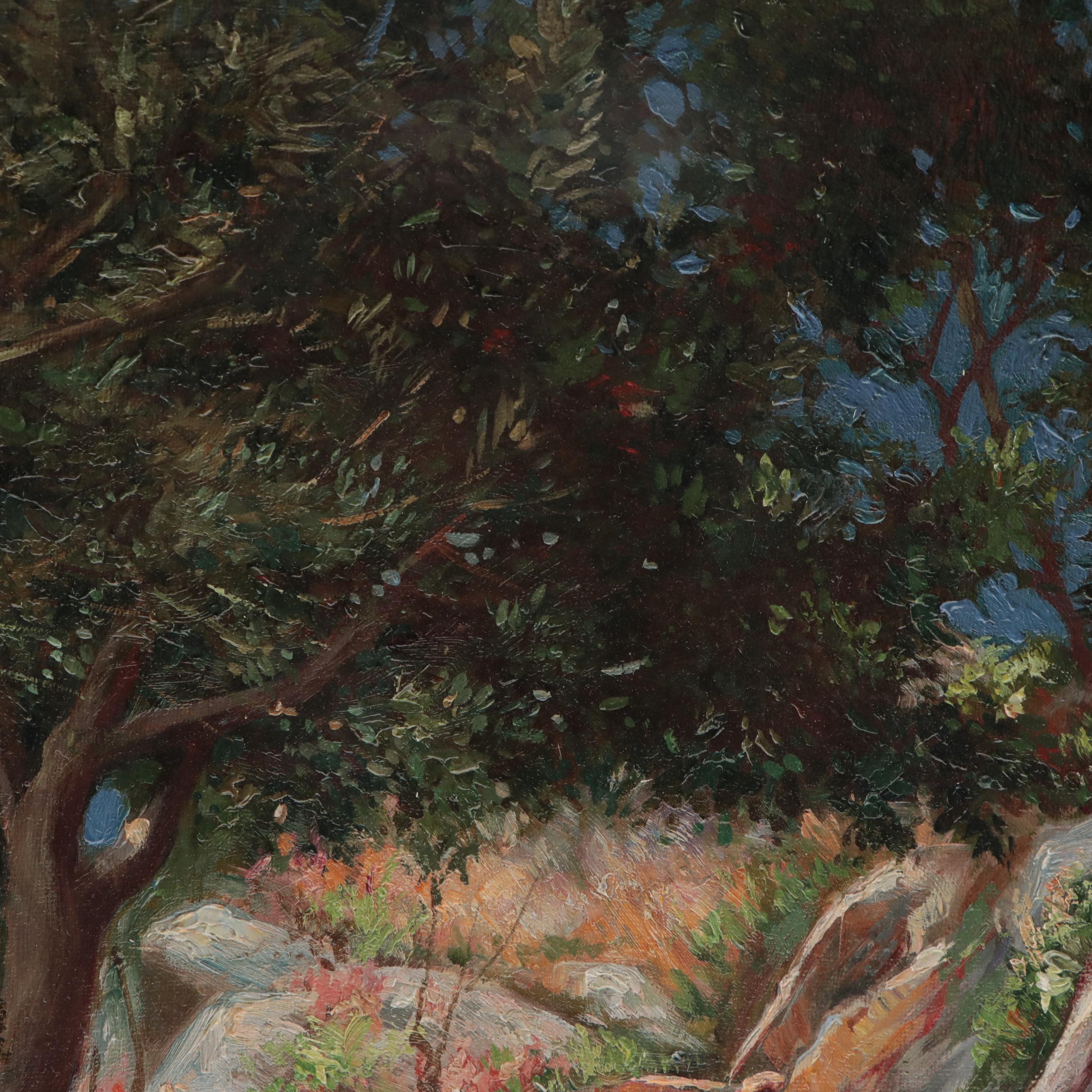 Landscape Oil Painting Attributed to John Hauser of Cliffside Pathway