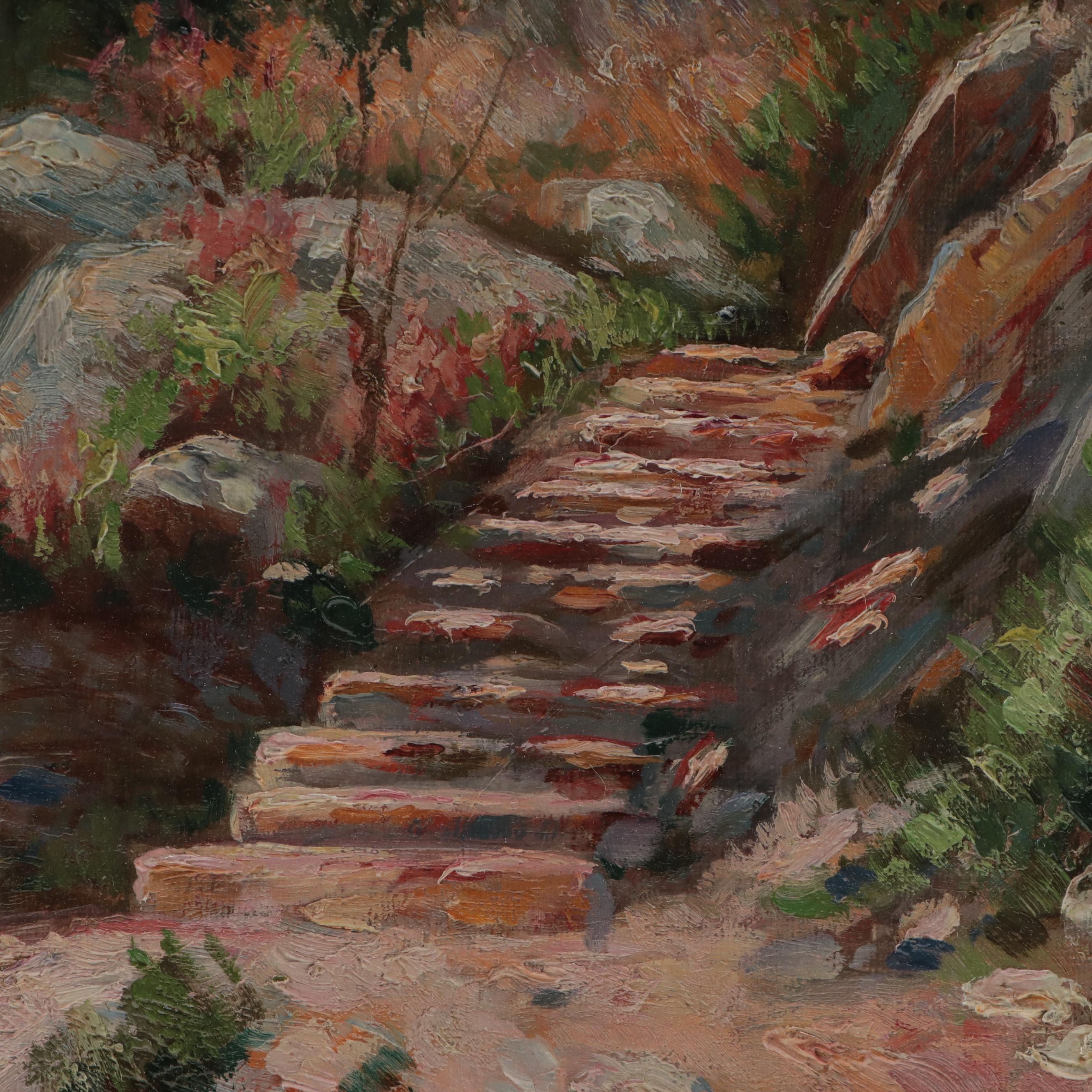 Landscape Oil Painting Attributed to John Hauser of Cliffside Pathway