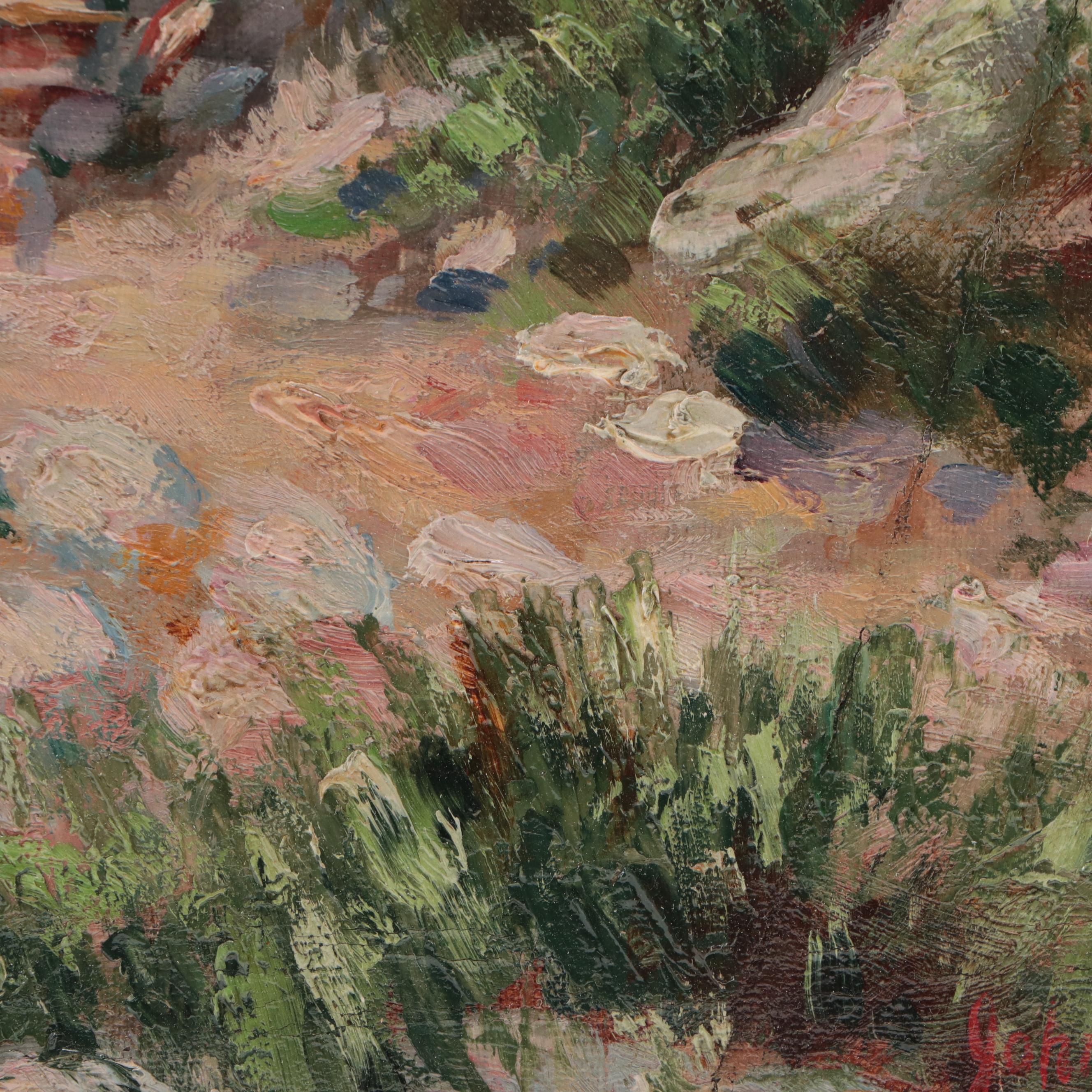 Landscape Oil Painting Attributed to John Hauser of Cliffside Pathway