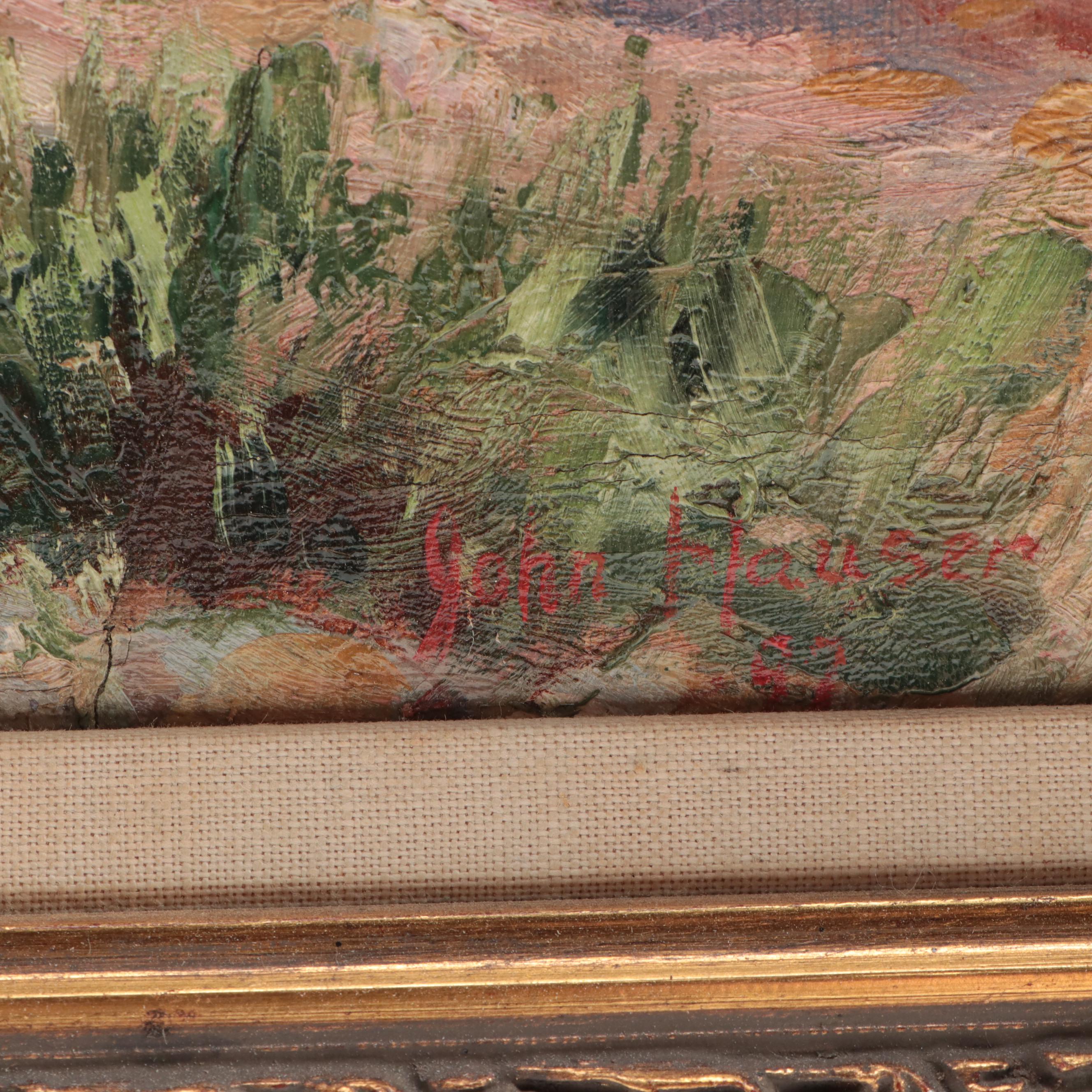 Landscape Oil Painting Attributed to John Hauser of Cliffside Pathway