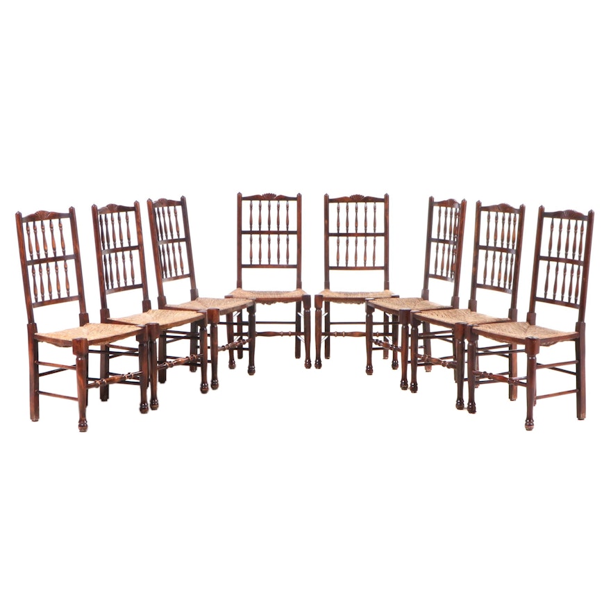 Eight George II Style Beech Side Chairs with Rush Seats