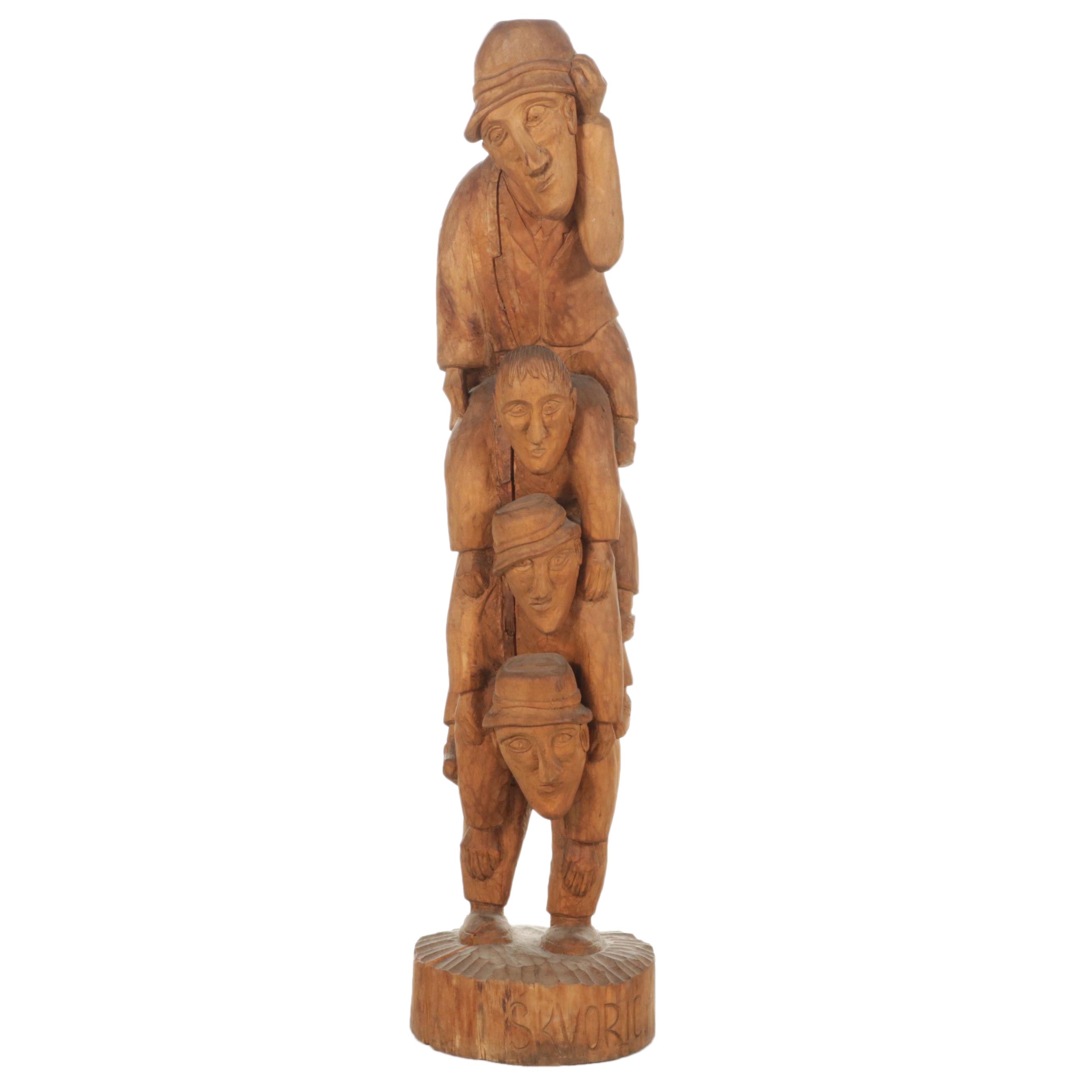Folk Art Carved Wood Sculpture of Stacked Figures, Mid-Late 20th Century