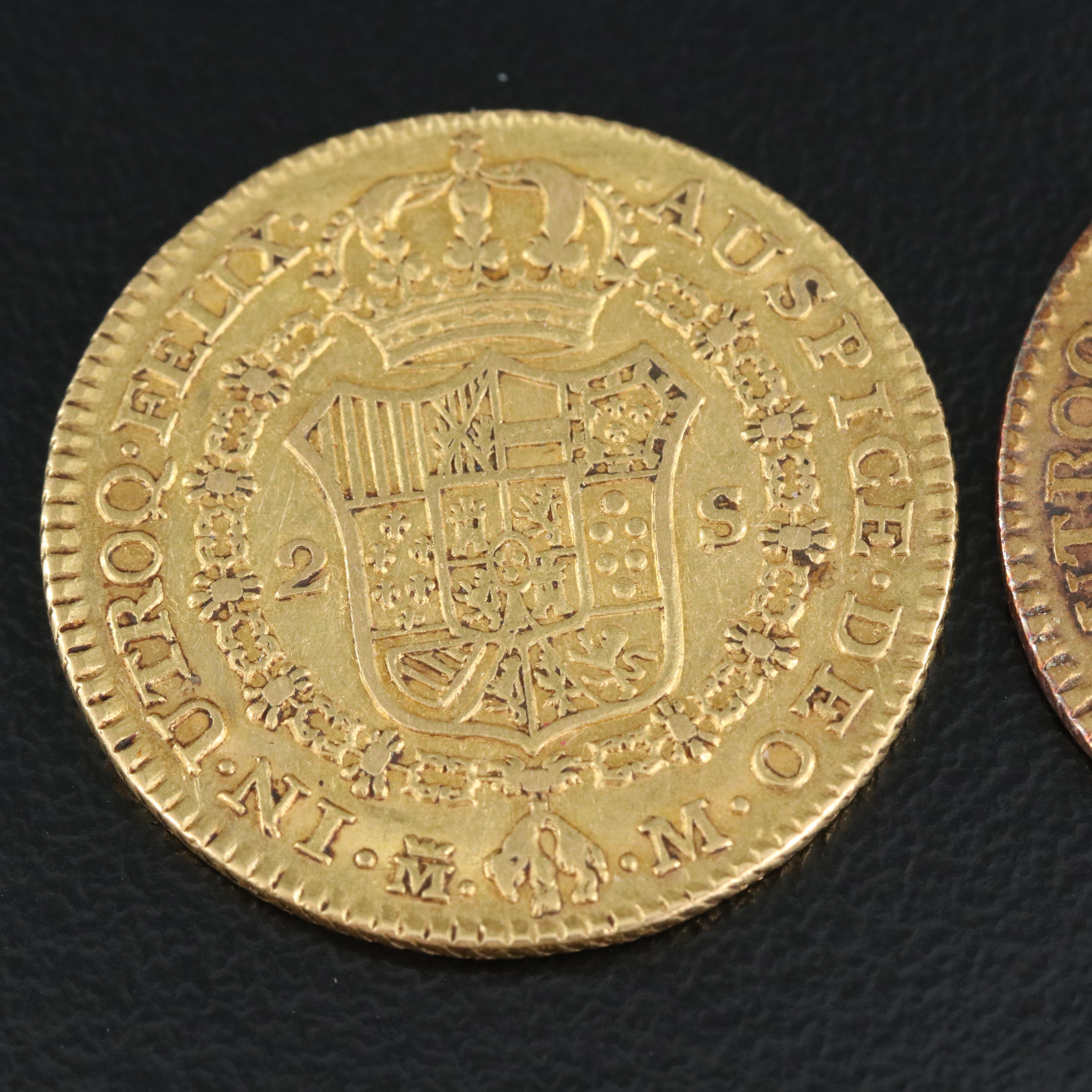 Group of Two Spanish Two Escudos Gold Coins