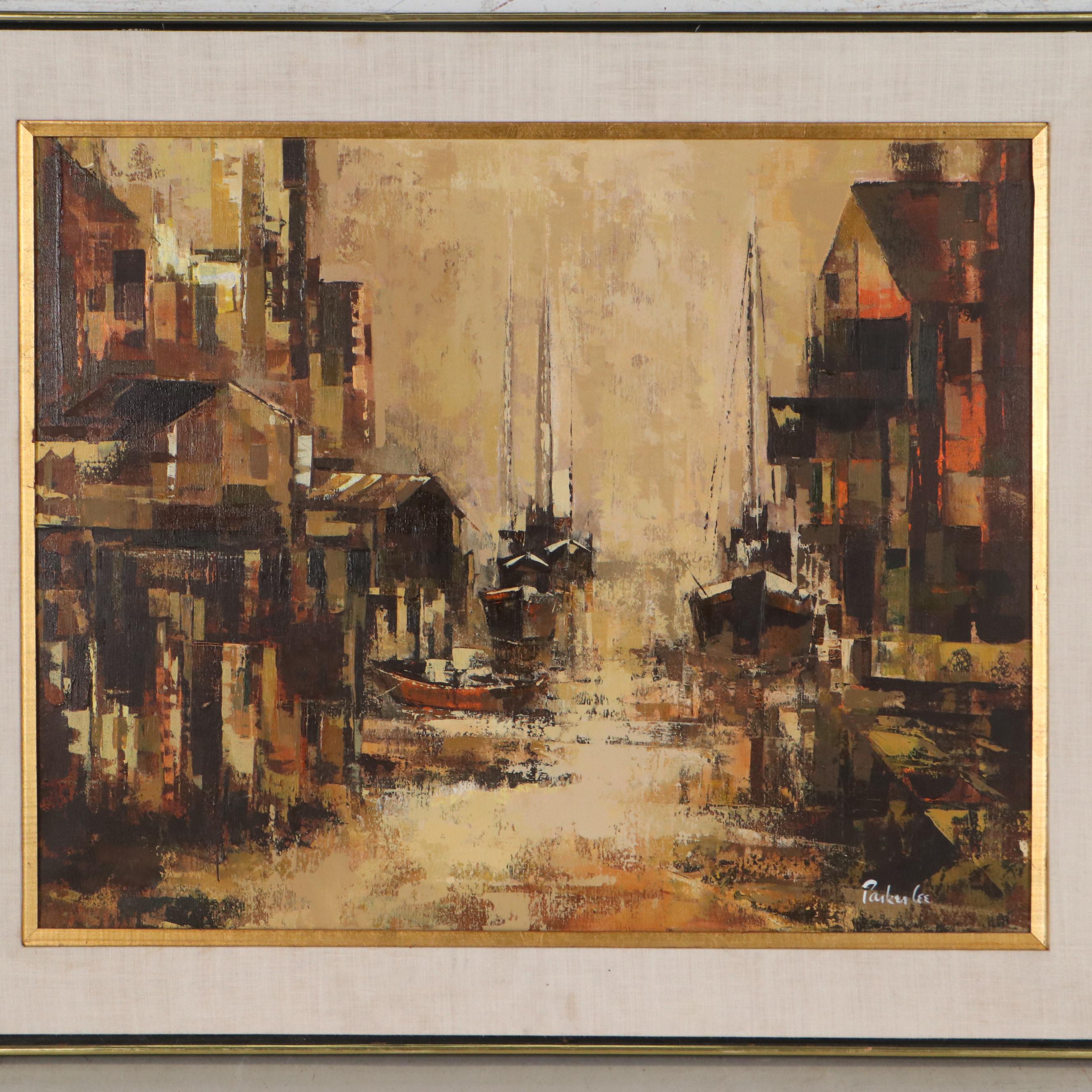 Parker Lee Harbor Scene Oil Painting, Circa 1975