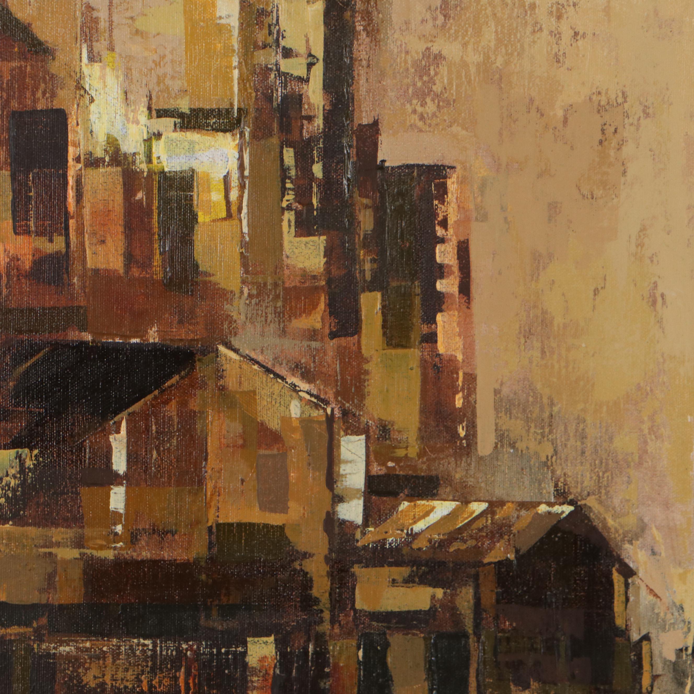 Parker Lee Harbor Scene Oil Painting, Circa 1975