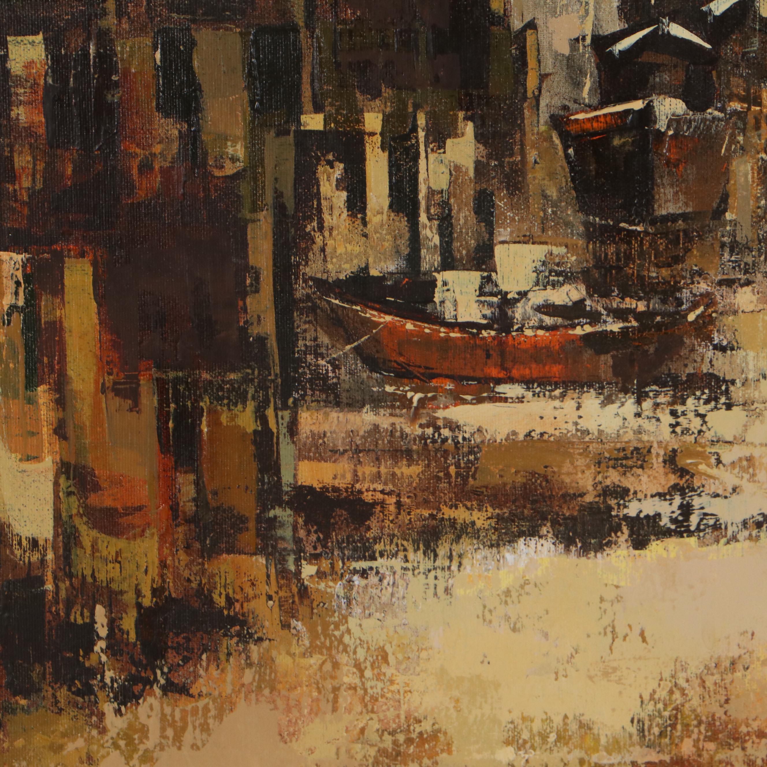 Parker Lee Harbor Scene Oil Painting, Circa 1975