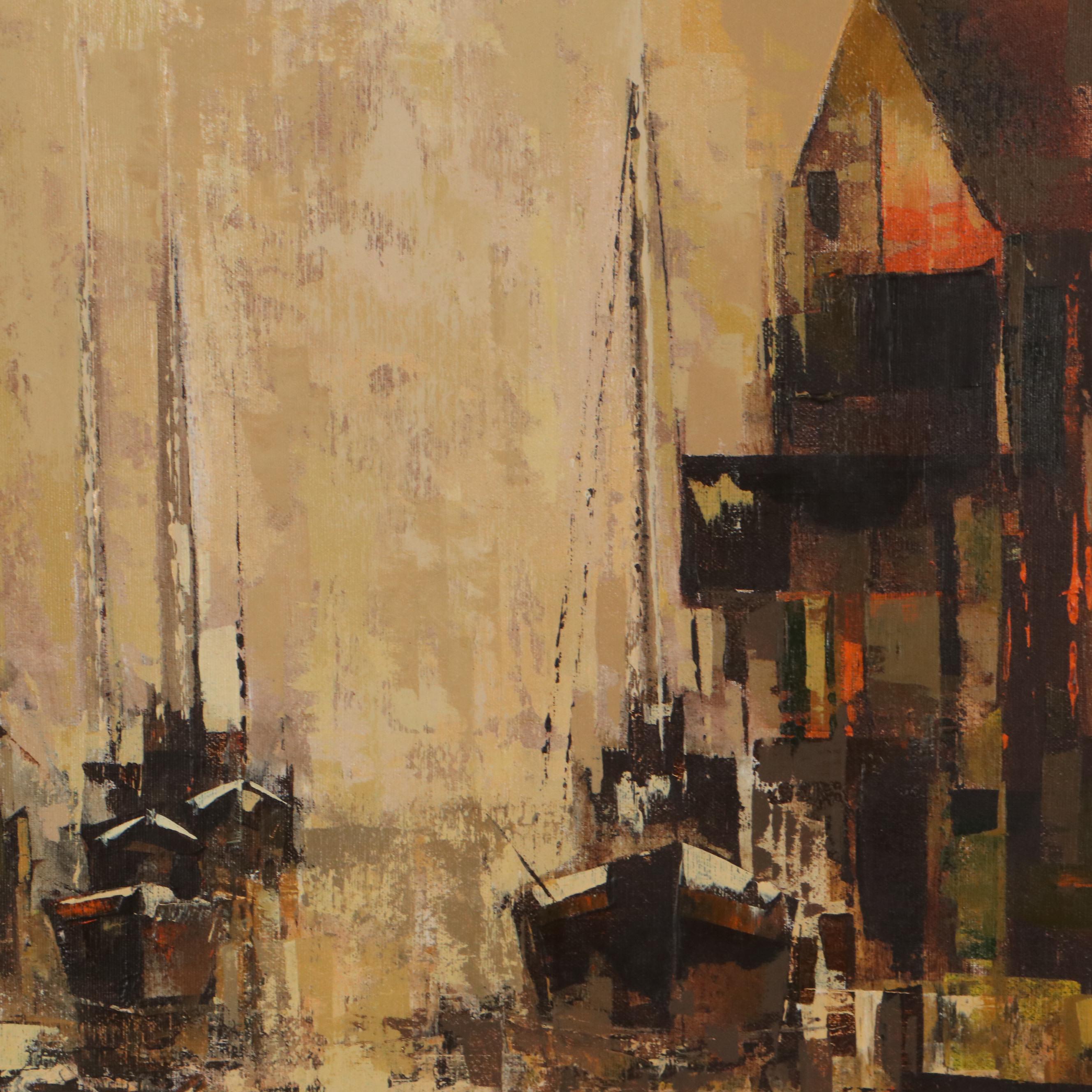 Parker Lee Harbor Scene Oil Painting, Circa 1975