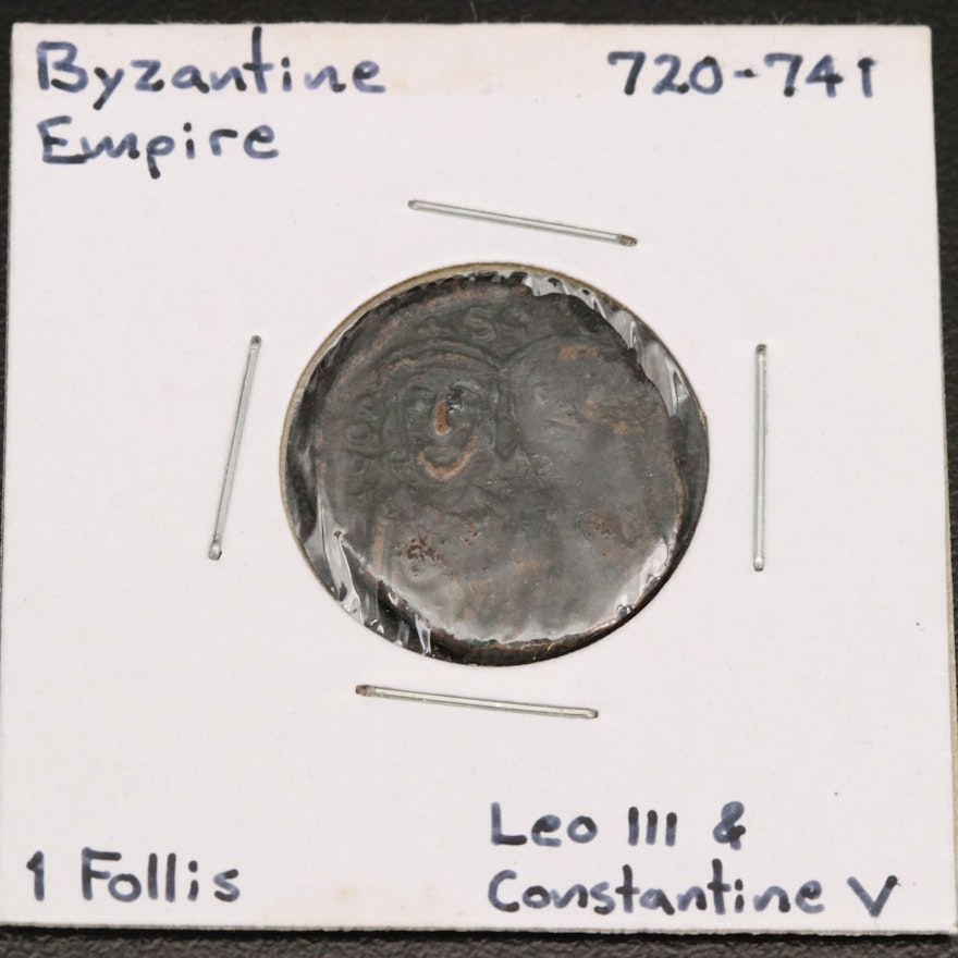 Ancient Byzantine AE Follis of Leo III and Constantine V, ca. 720 AD