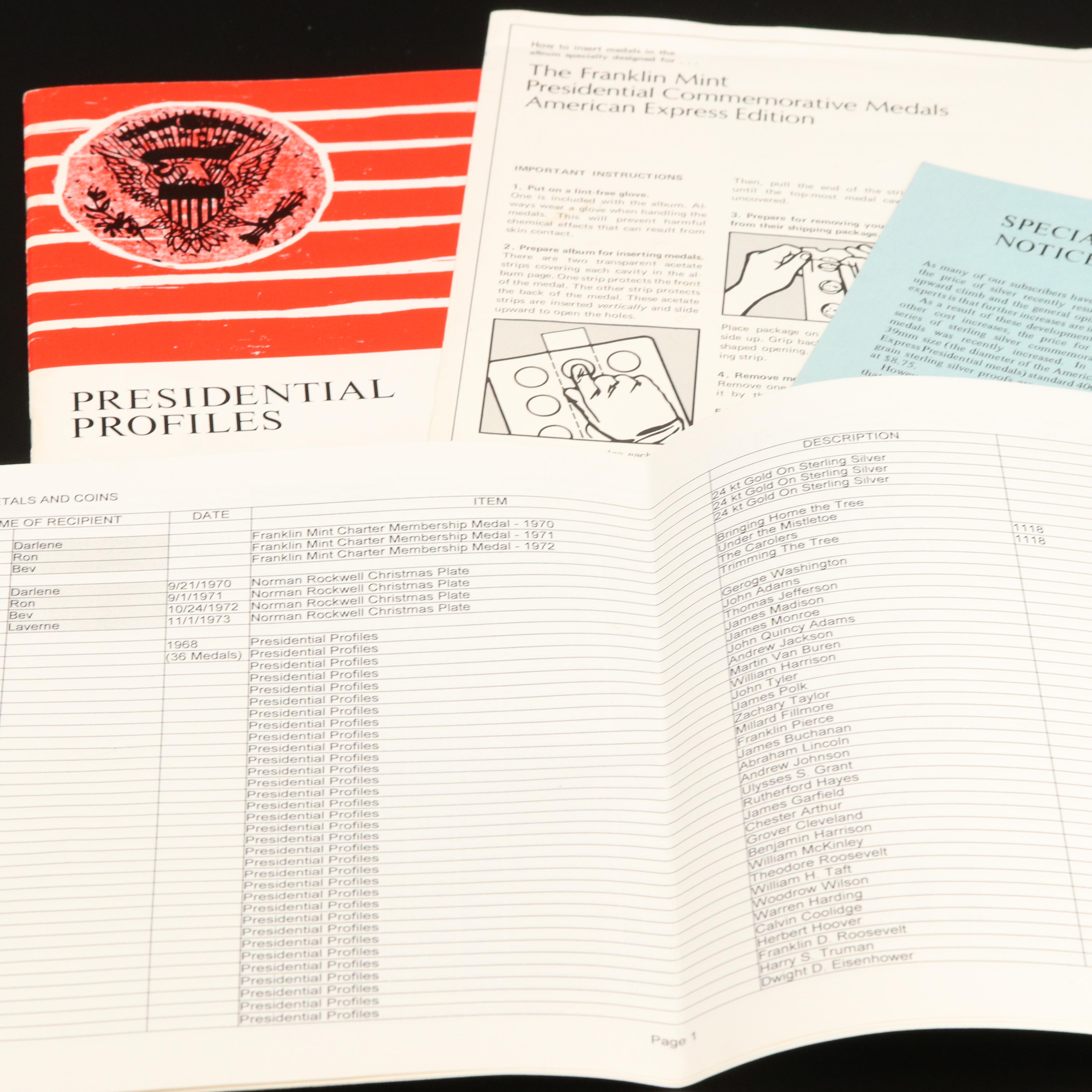 Franklin Mint Presidential Commemorative Silver Medals Set