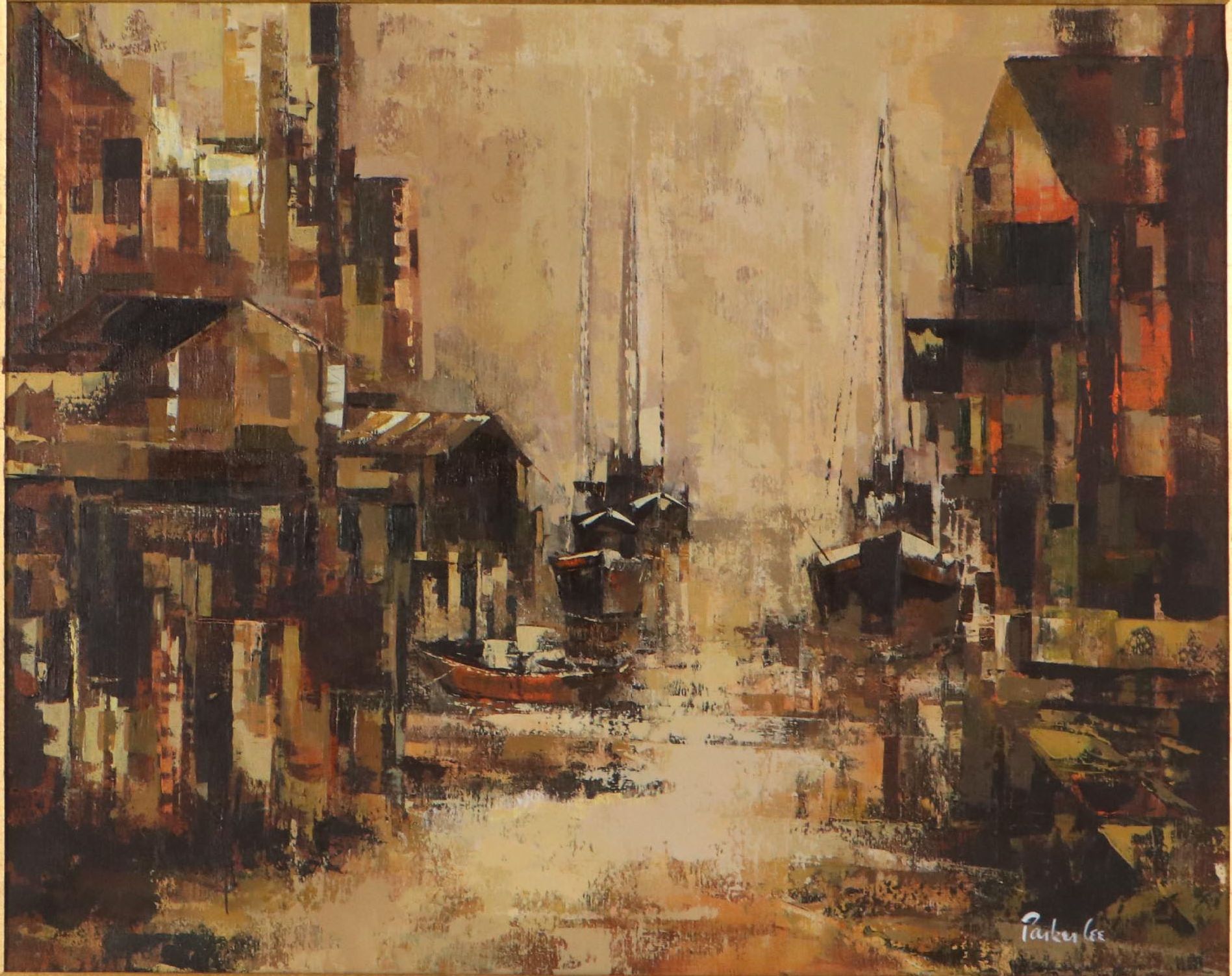 Parker Lee Harbor Scene Oil Painting, Circa 1975
