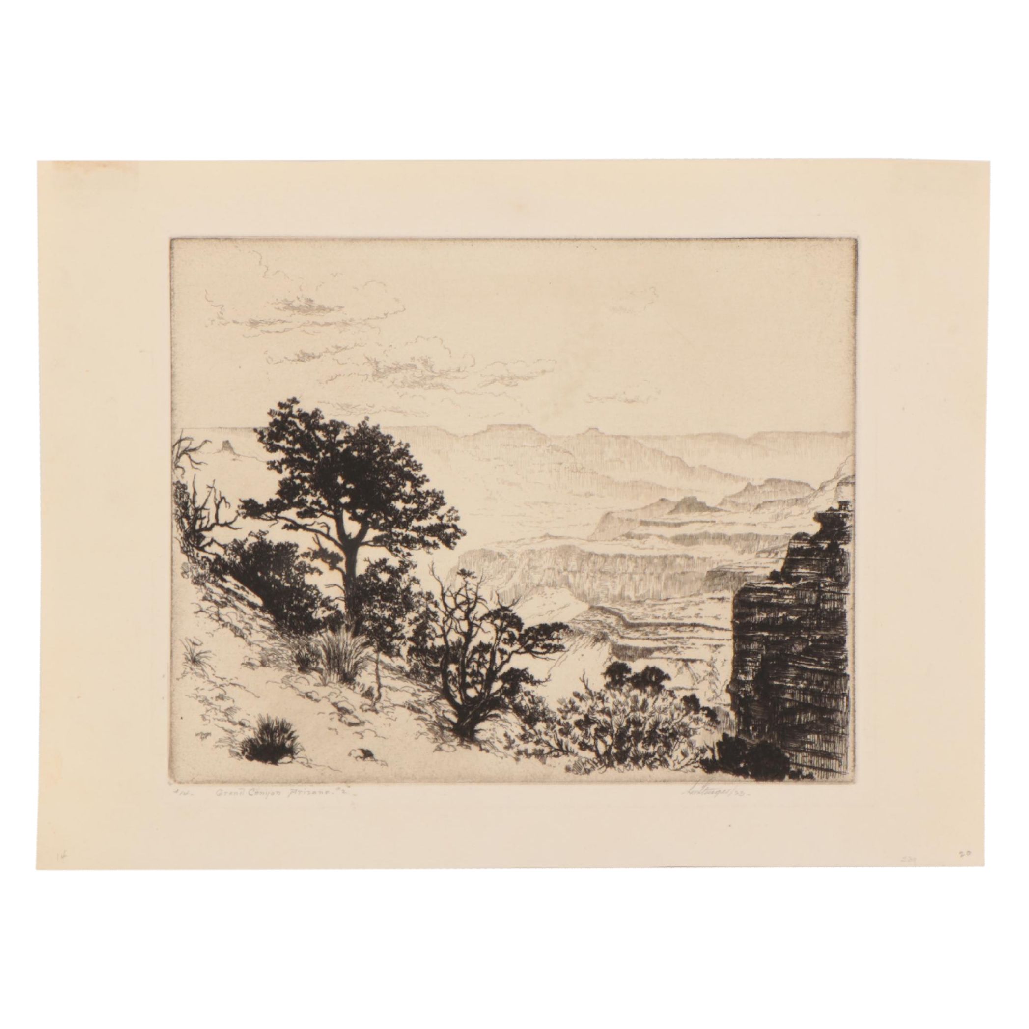 Lee Sturges Landscape Etching "Grand Canyon," Early 20th Century