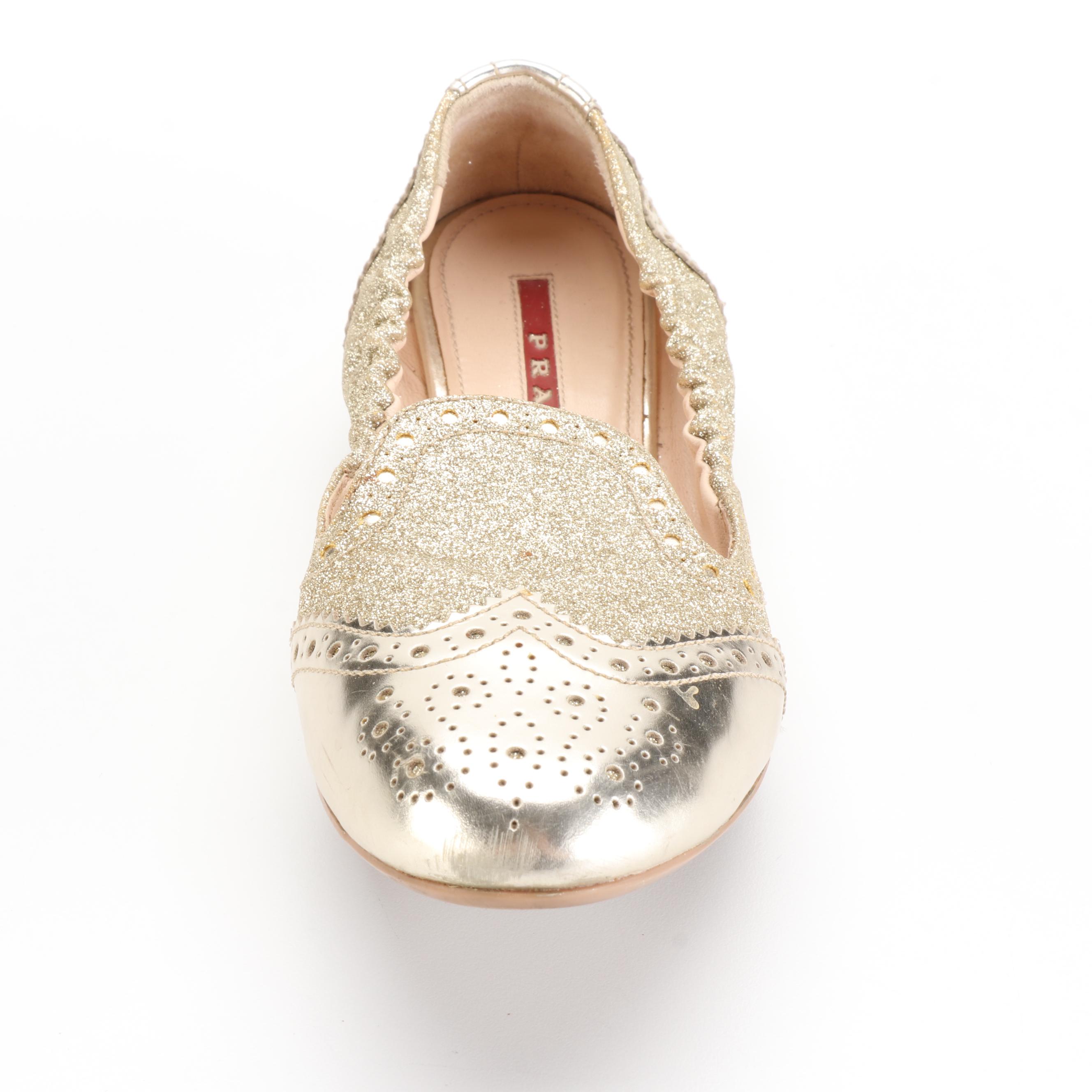 Prada Linea Rossa Stretch Ballet Flats in Metallic Gold/Glitter Leather