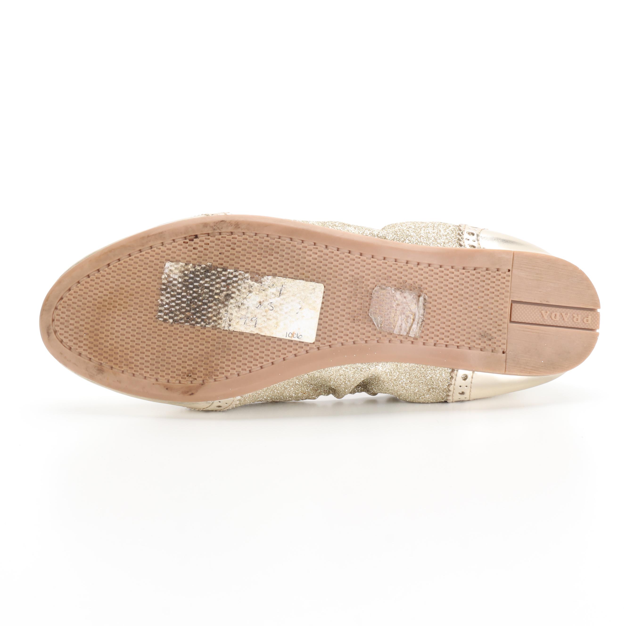 Prada Linea Rossa Stretch Ballet Flats in Metallic Gold/Glitter Leather