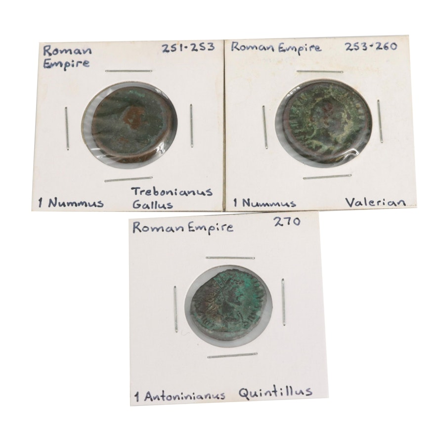 Three Ancient Roman Imperial Bronze Coins, ca. 251 to 270 AD
