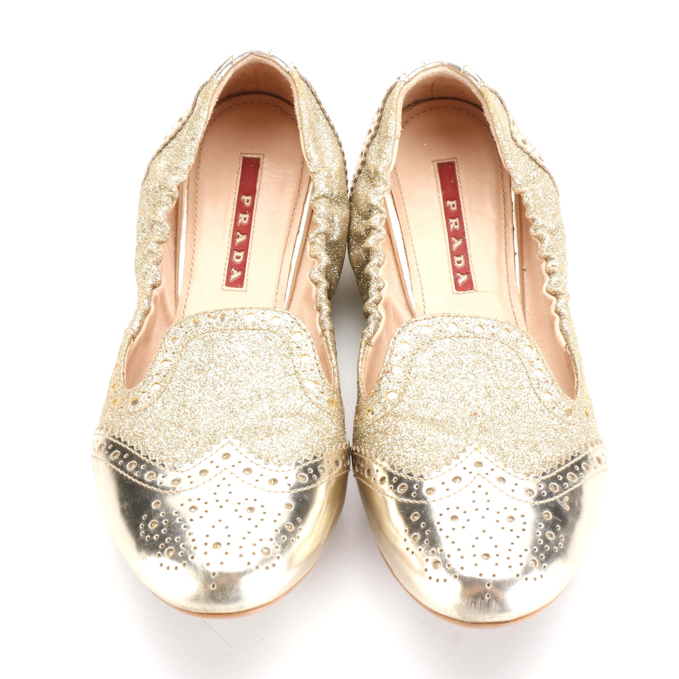 Prada Linea Rossa Stretch Ballet Flats in Metallic Gold/Glitter Leather