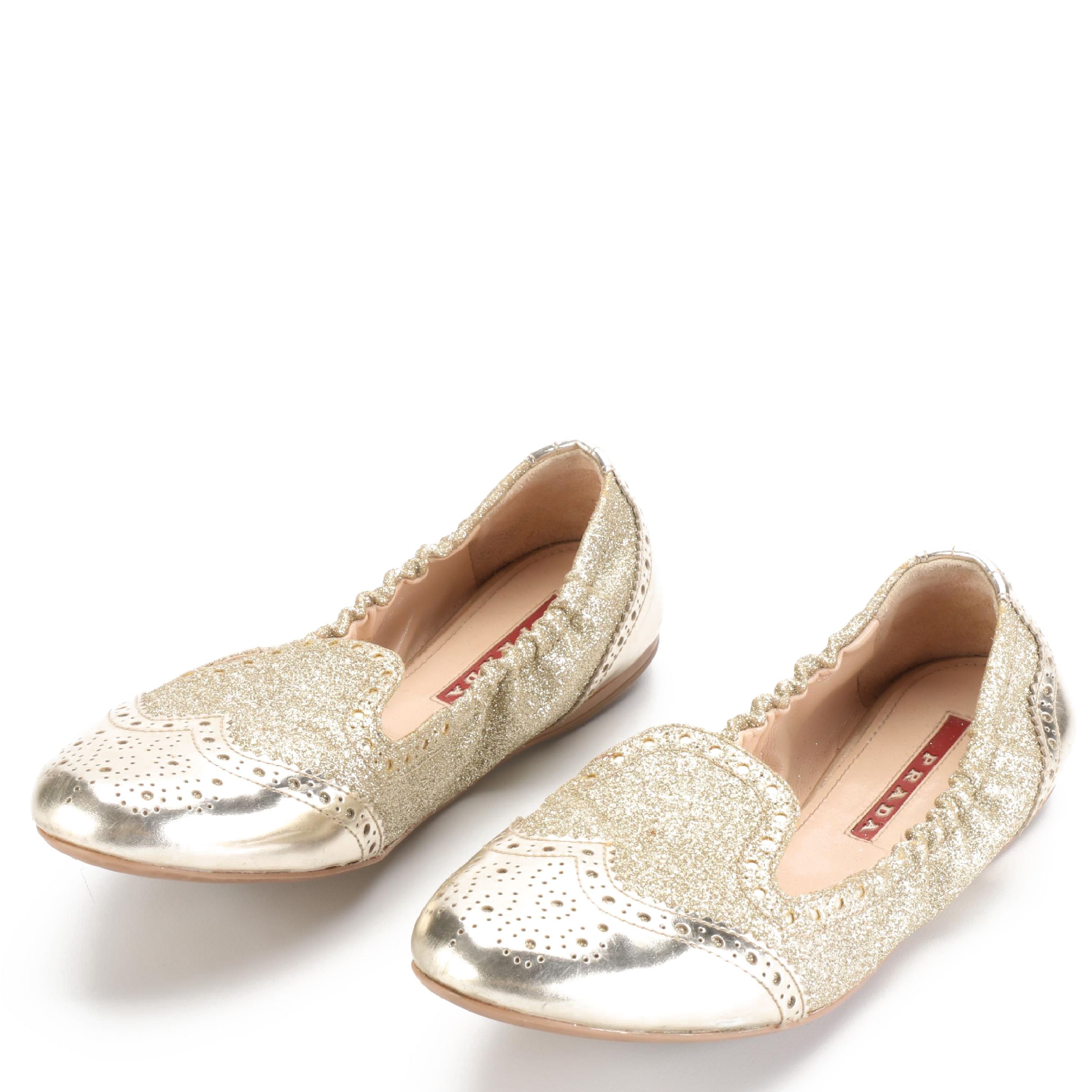 Prada Linea Rossa Stretch Ballet Flats in Metallic Gold/Glitter Leather