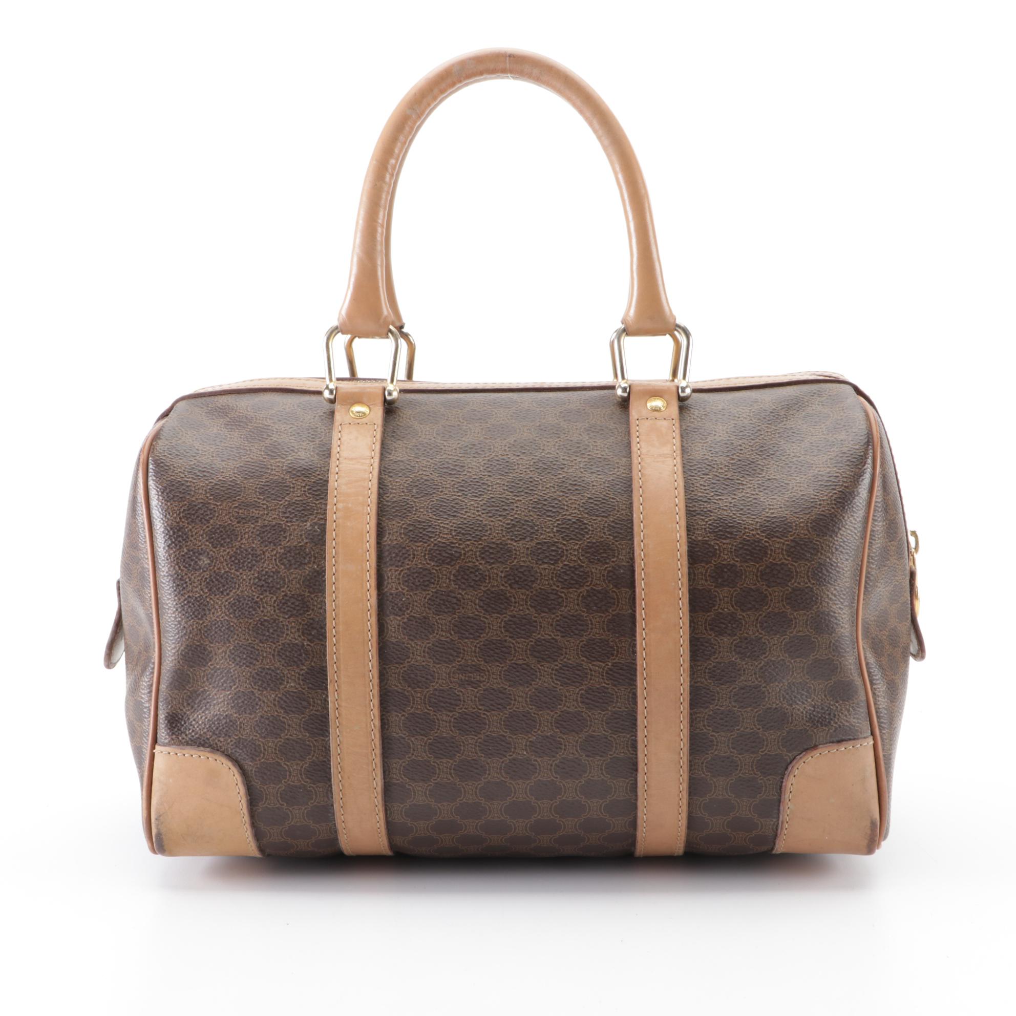 Celine Small Boston Bag in Macadam Coated Canvas and Leather
