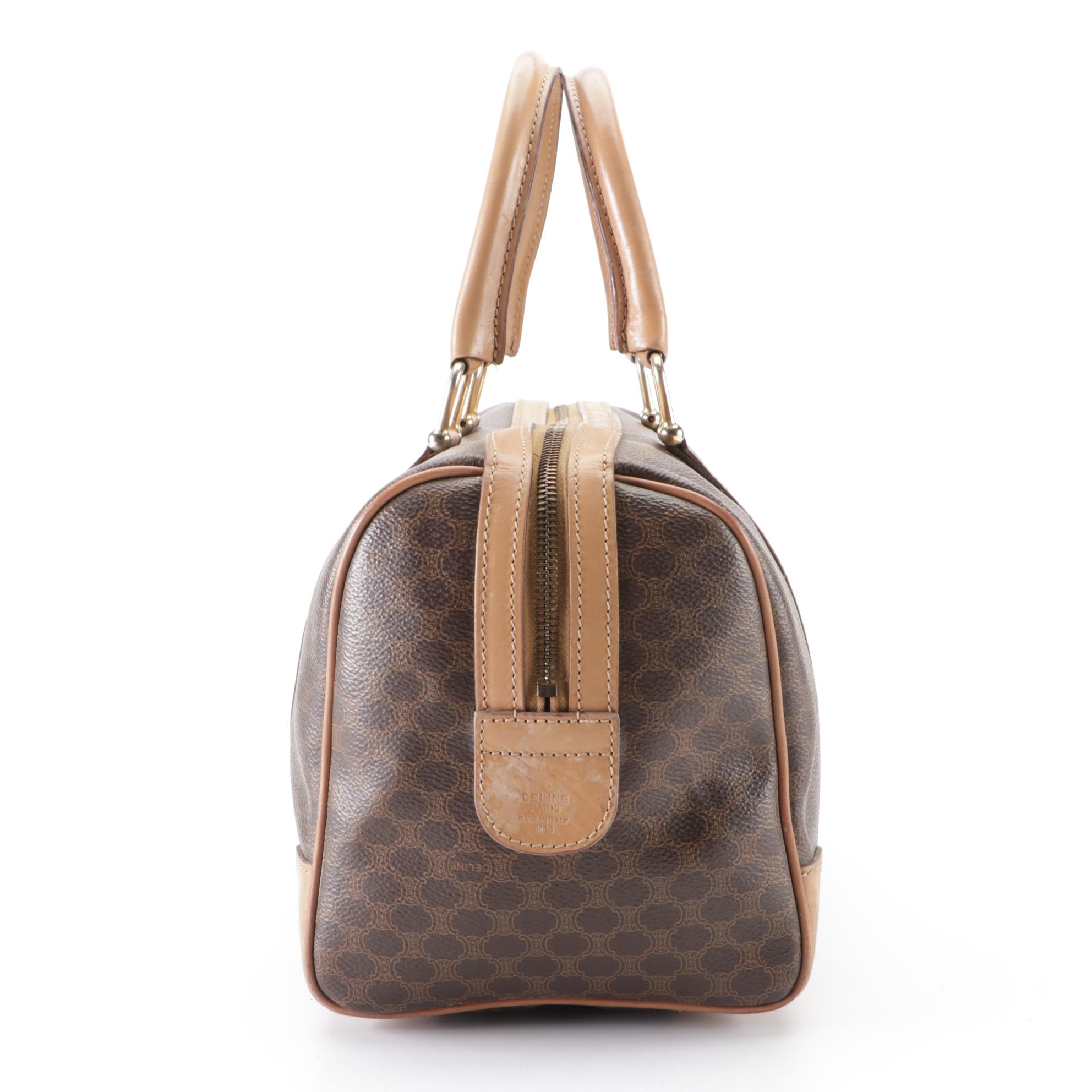 Celine Small Boston Bag in Macadam Coated Canvas and Leather