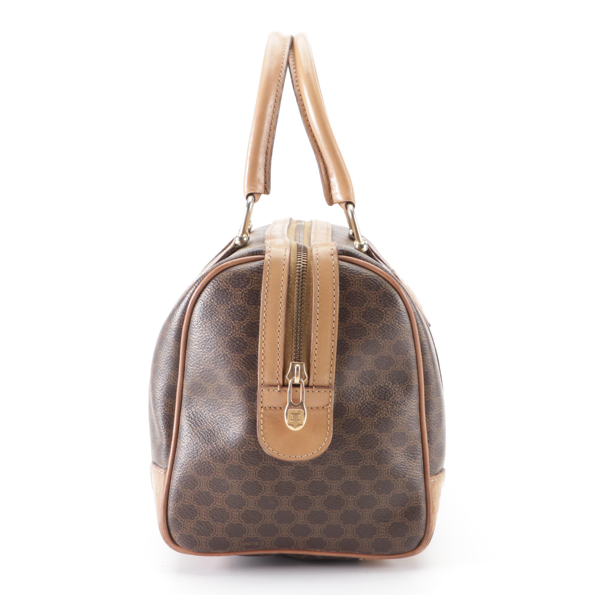 Celine Small Boston Bag in Macadam Coated Canvas and Leather