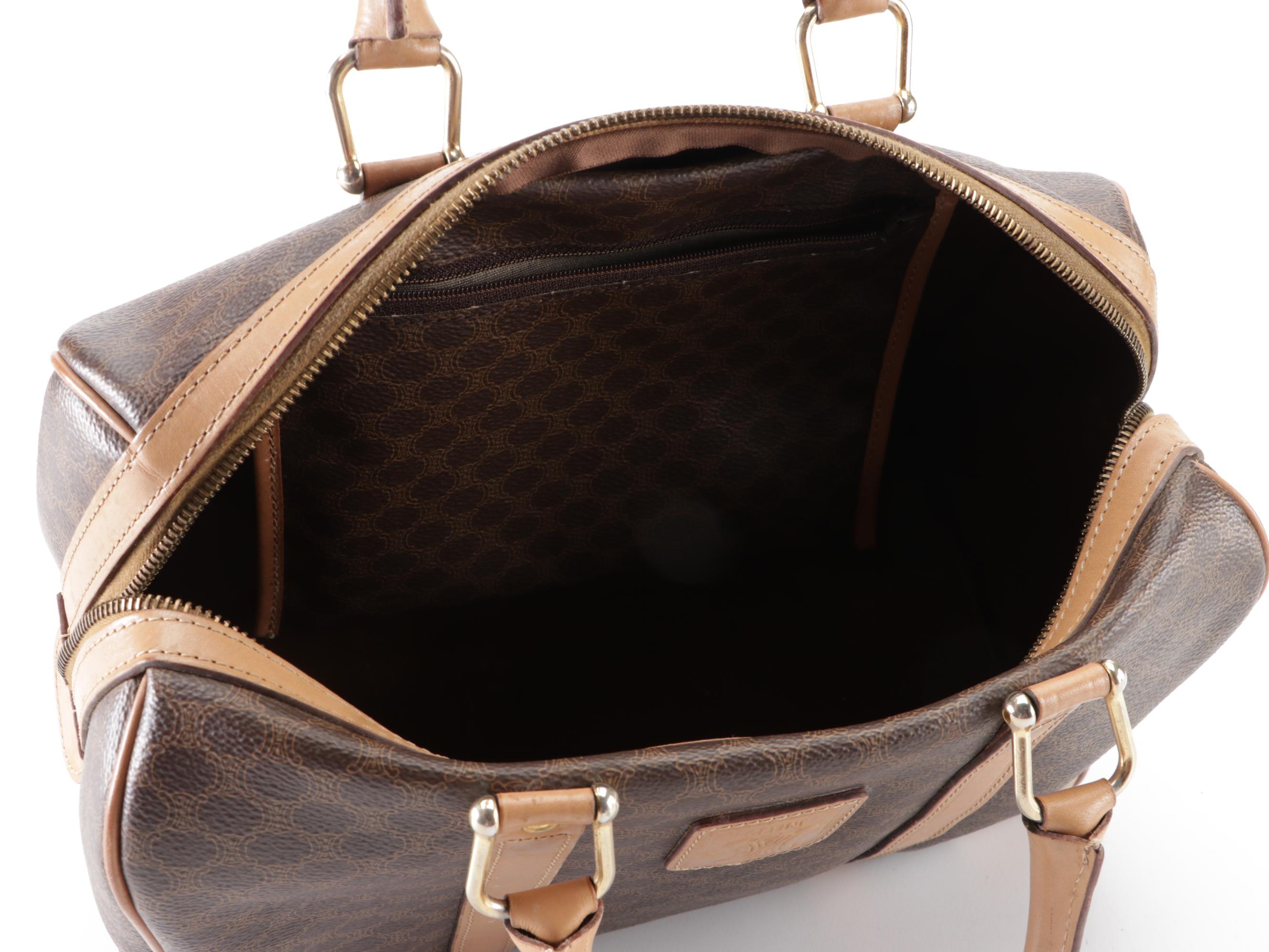 Celine Small Boston Bag in Macadam Coated Canvas and Leather